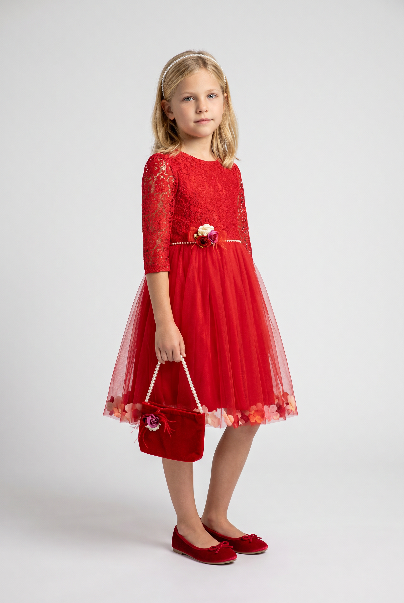 Girls Red Lace Party Dress with Matching Bag & Pearl Headband 3 Piece Occasion Outfit