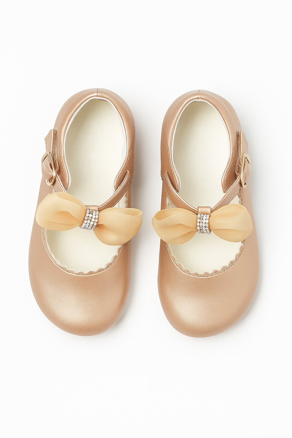 Girls Rhinestone Mary Jane Shoes with Bow – ZURI - Gold Front Picture