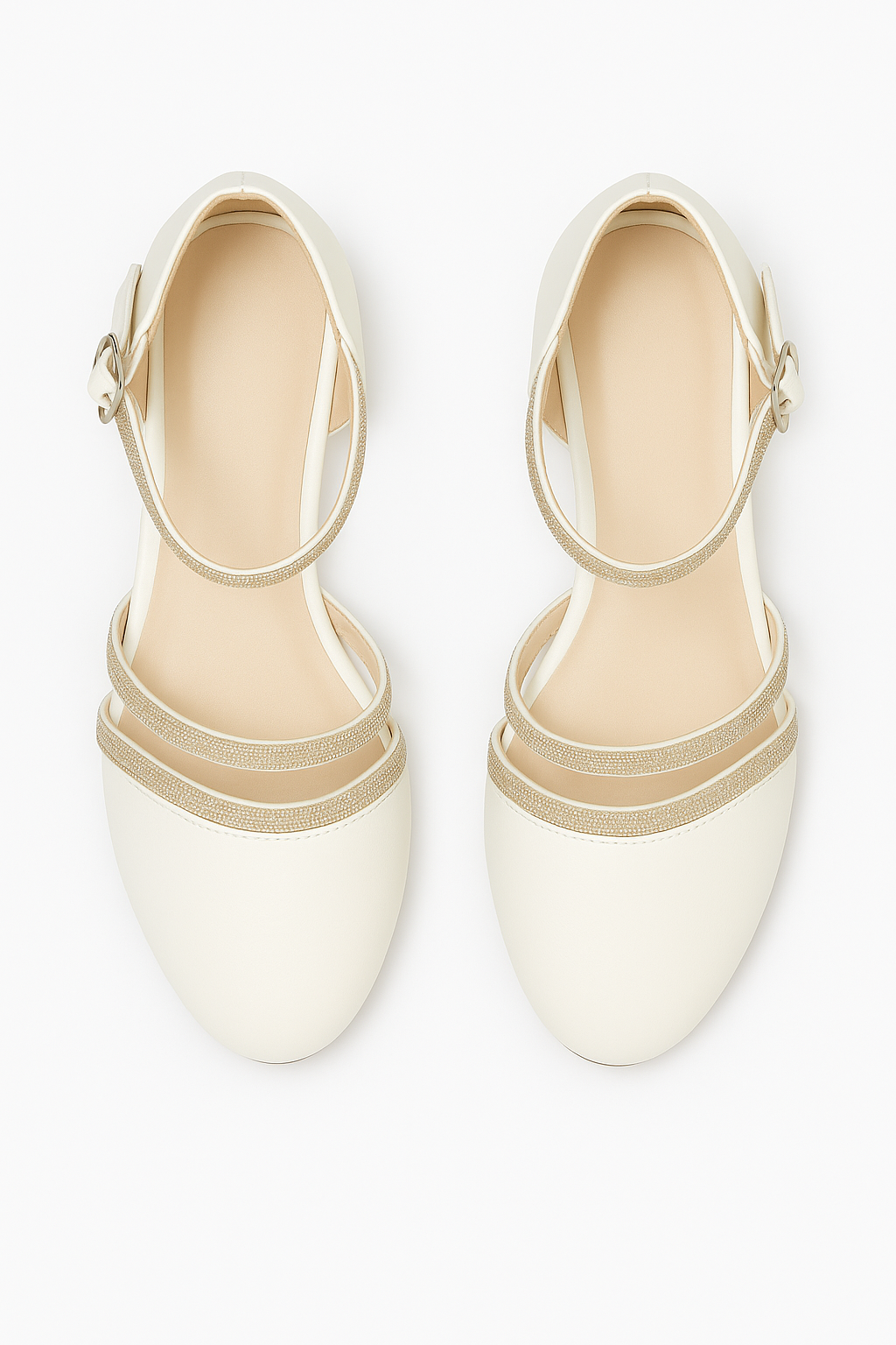 Girls Rhinestone Straps Low Heel Shoes – DREAM - Ivory Front Picture