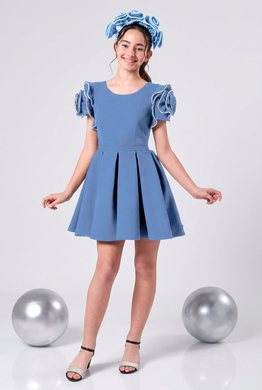 Girls Ruffle Sleeve Dress with Crystal Trim - Indigo Blue