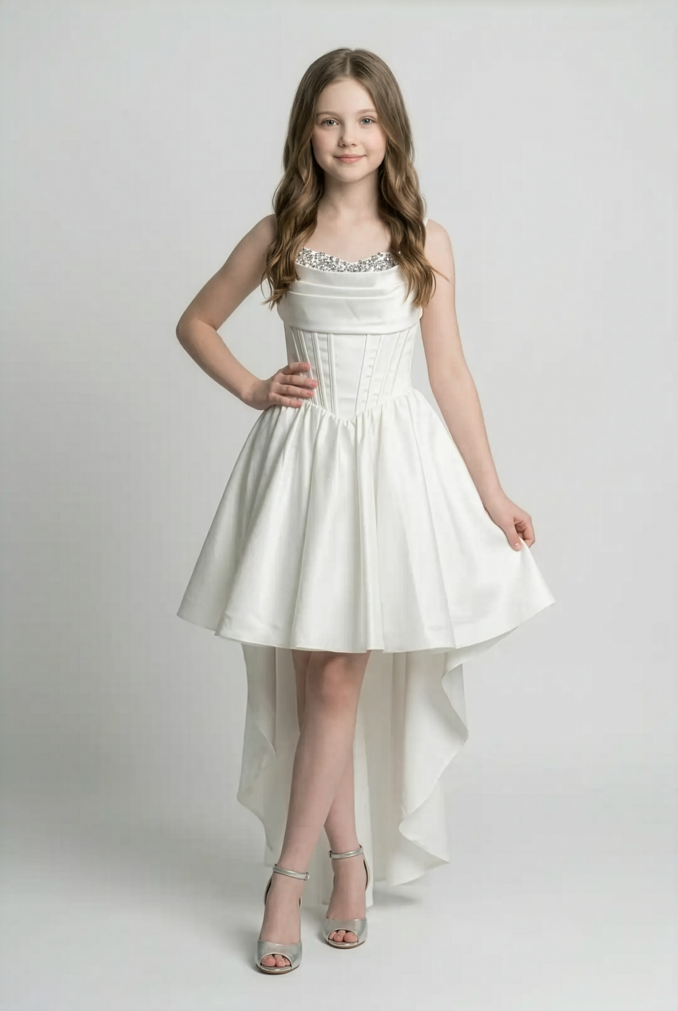 Girls Satin High-Low Party Dress with Crystal Trim - White