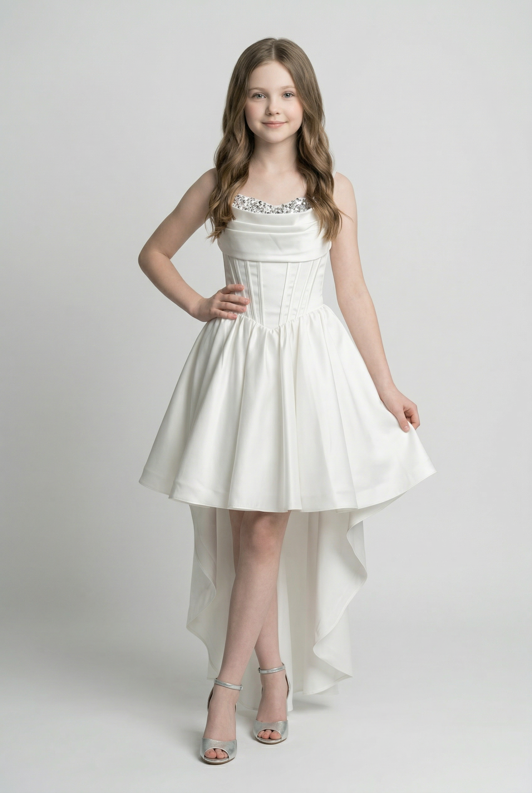 Girls Satin High-Low Party Dress with Crystal Trim - White