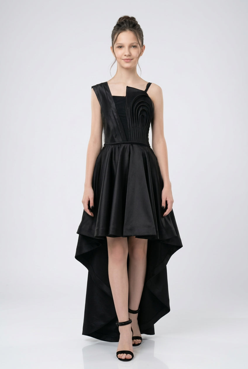 Girls Satin High-Low Party Dress with Pleated Detail - Black