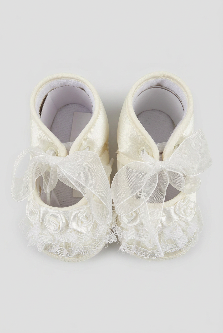 Girls Satin Lace Rose Pram Shoes - Ivory