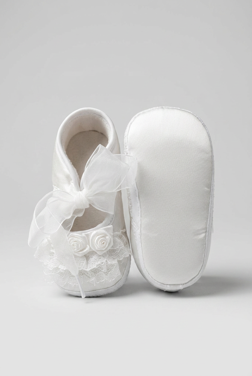 Girls Satin Lace Rose Pram Shoes - White