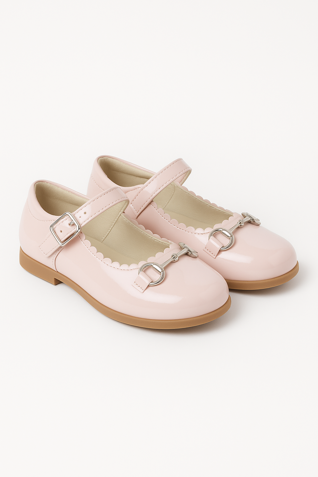Girls Scallop Trim Flat Mary Jane Shoes - WILLA - Pink Pair Side Picture