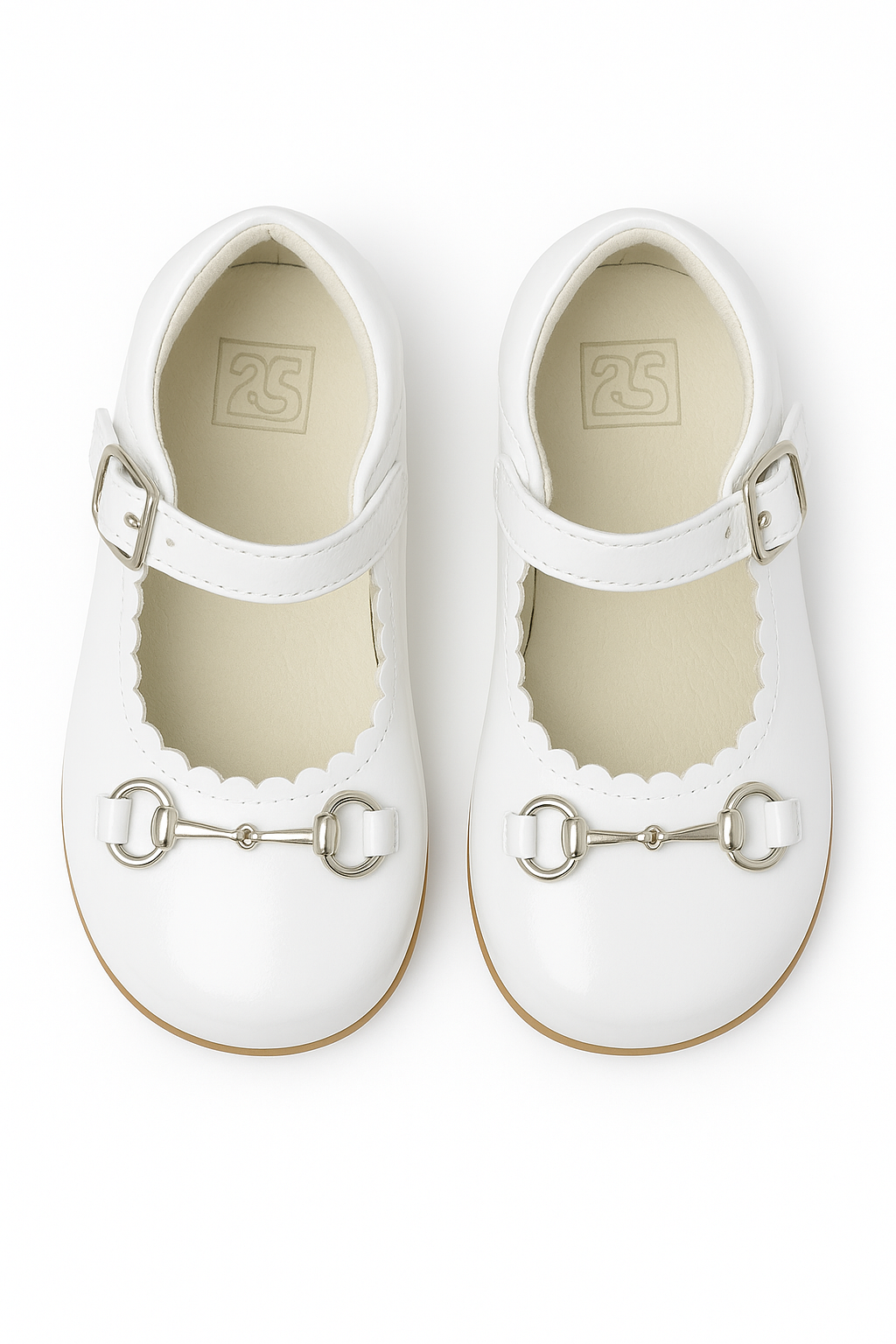 Girls Scallop Trim Flat Mary Jane Shoes - WILLA - White Front Picture