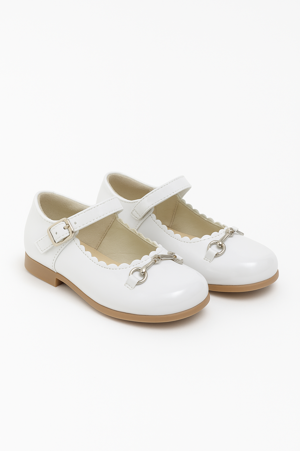 Girls Scallop Trim Flat Mary Jane Shoes - WILLA - White Pair Side Picture