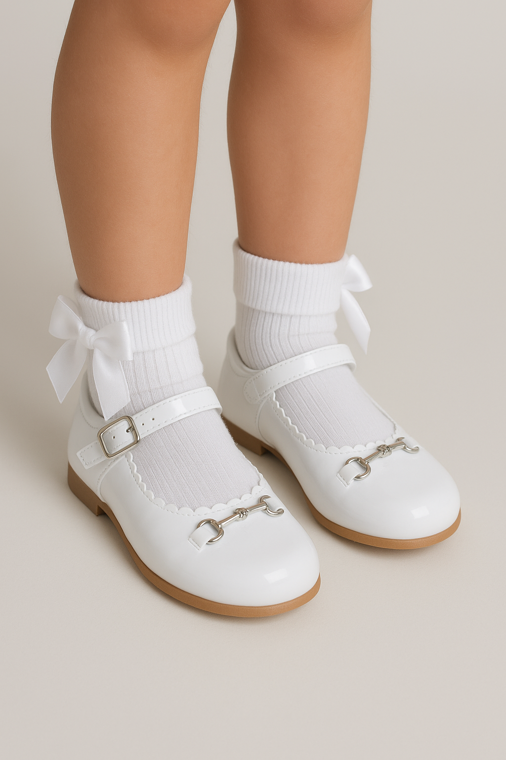 Girls Scallop Trim Flat Mary Jane Shoes - WILLA - White