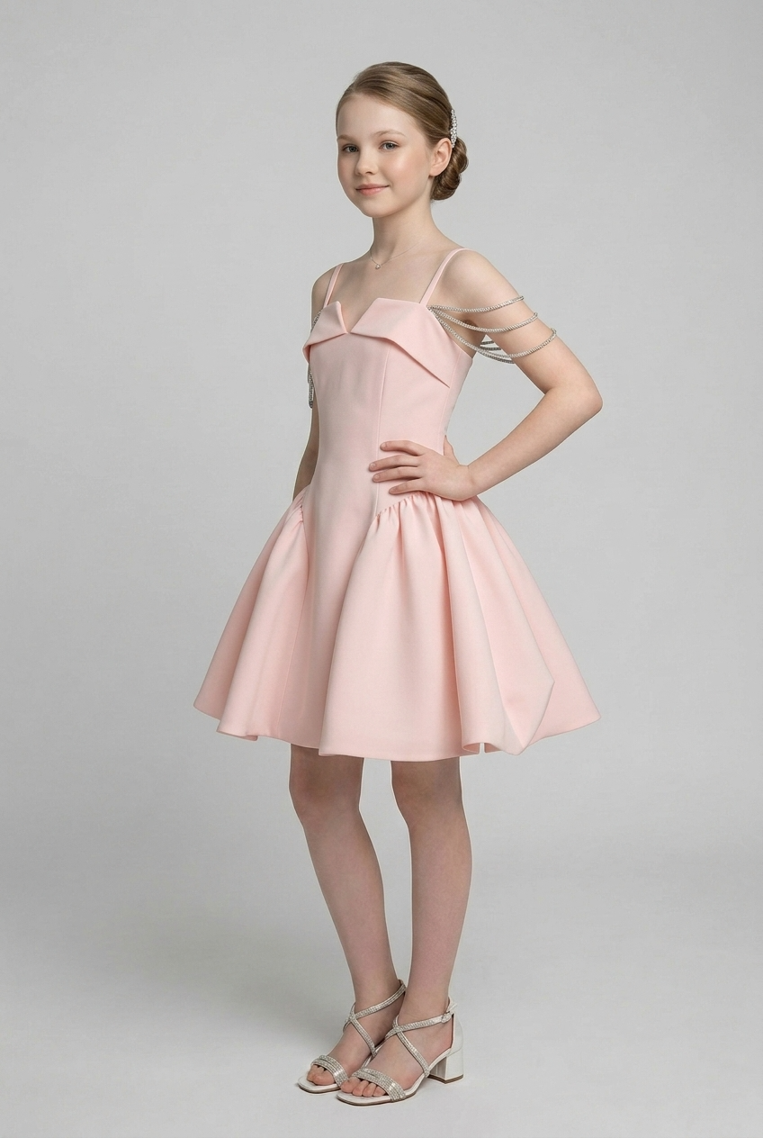 Girls Short Occasion Dress with Crystal Off-Shoulder Straps - Pink Side Picture