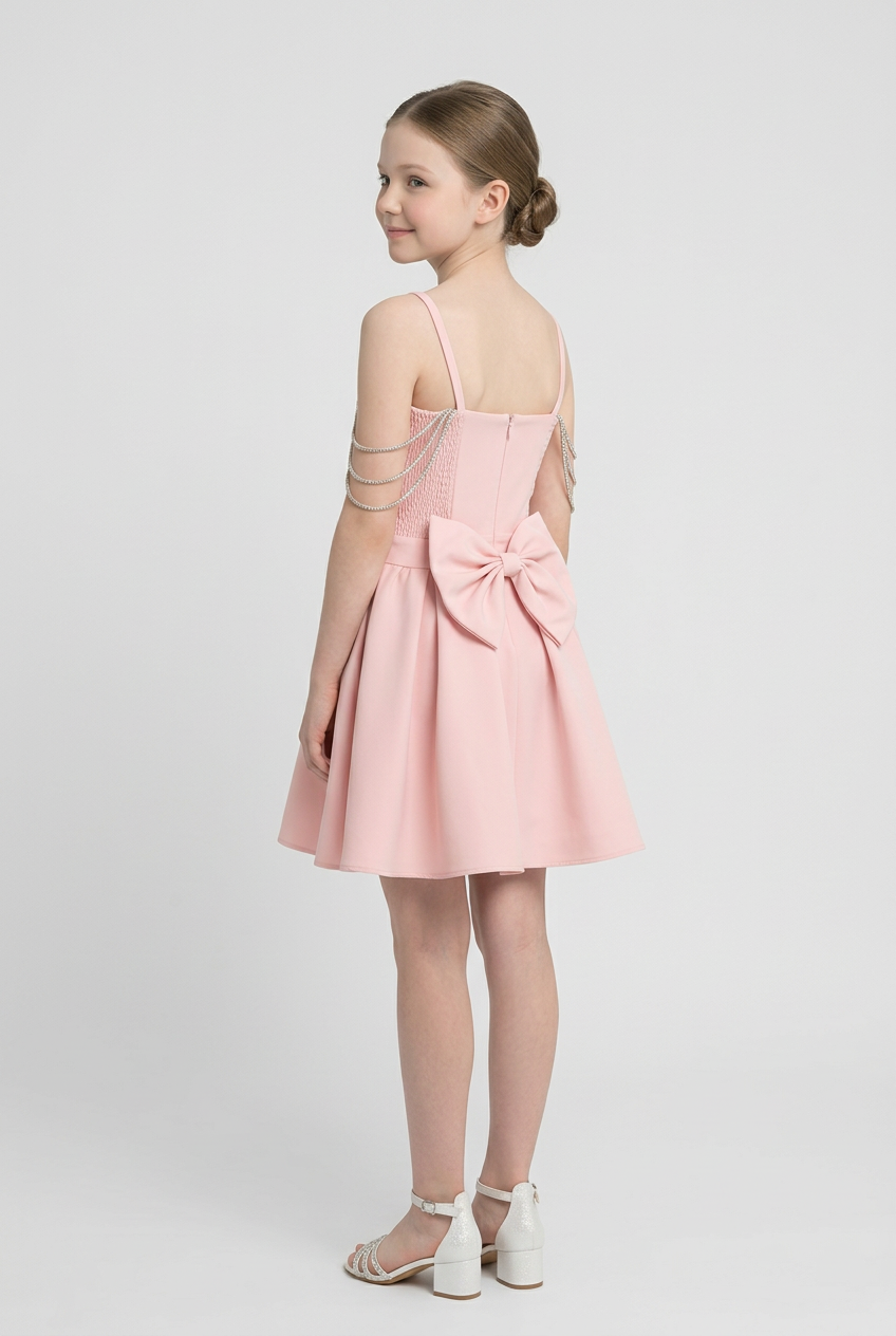 Girls Short Occasion Dress with Crystal Off-Shoulder Straps - Pink Back Picture