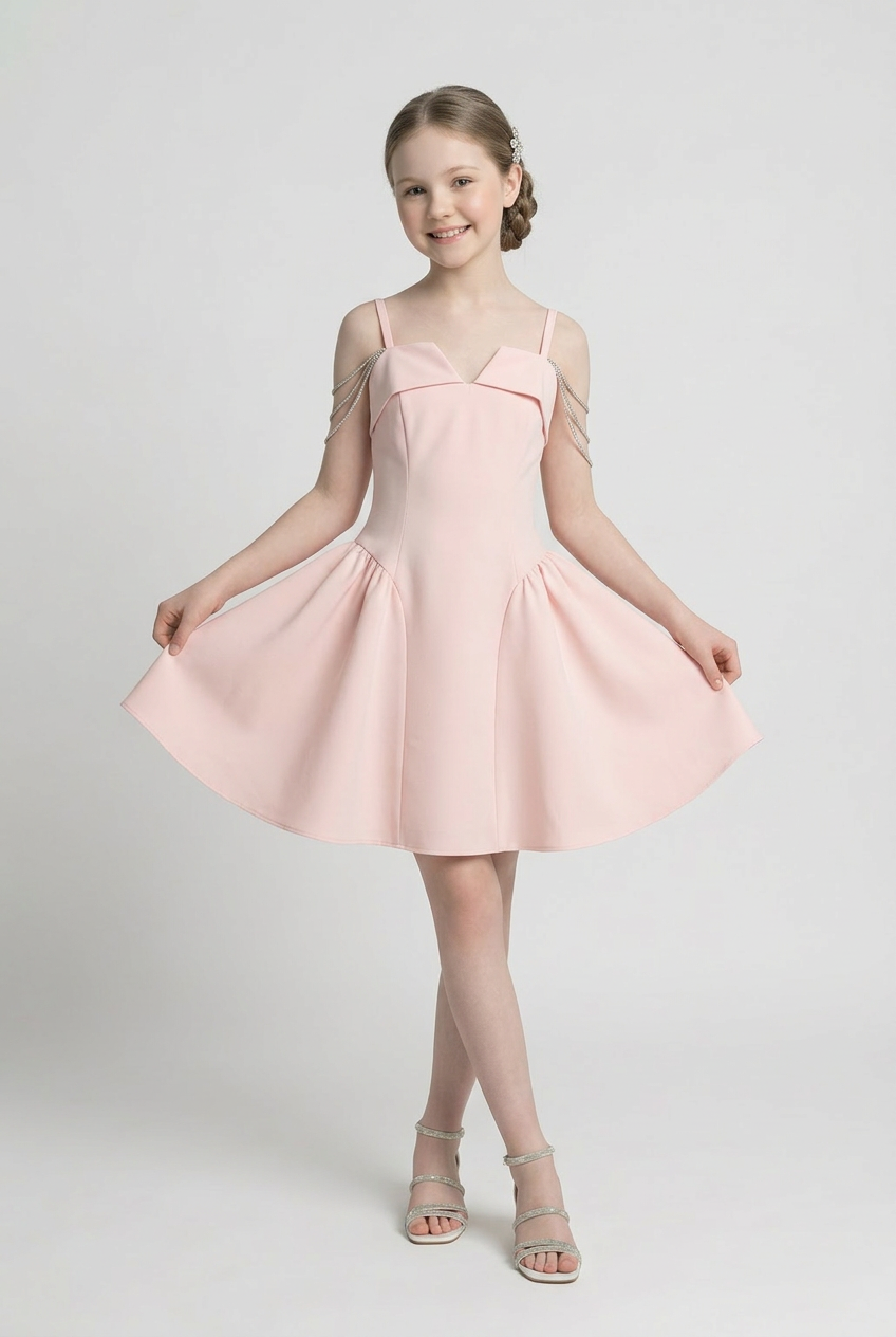 Girls Short Occasion Dress with Crystal Off-Shoulder Straps - Pink