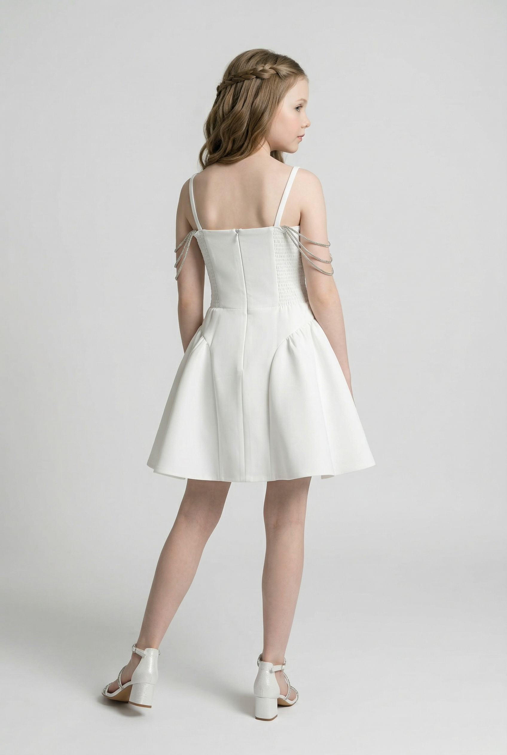 Girls Short Occasion Dress with Crystal Off-Shoulder Straps - White