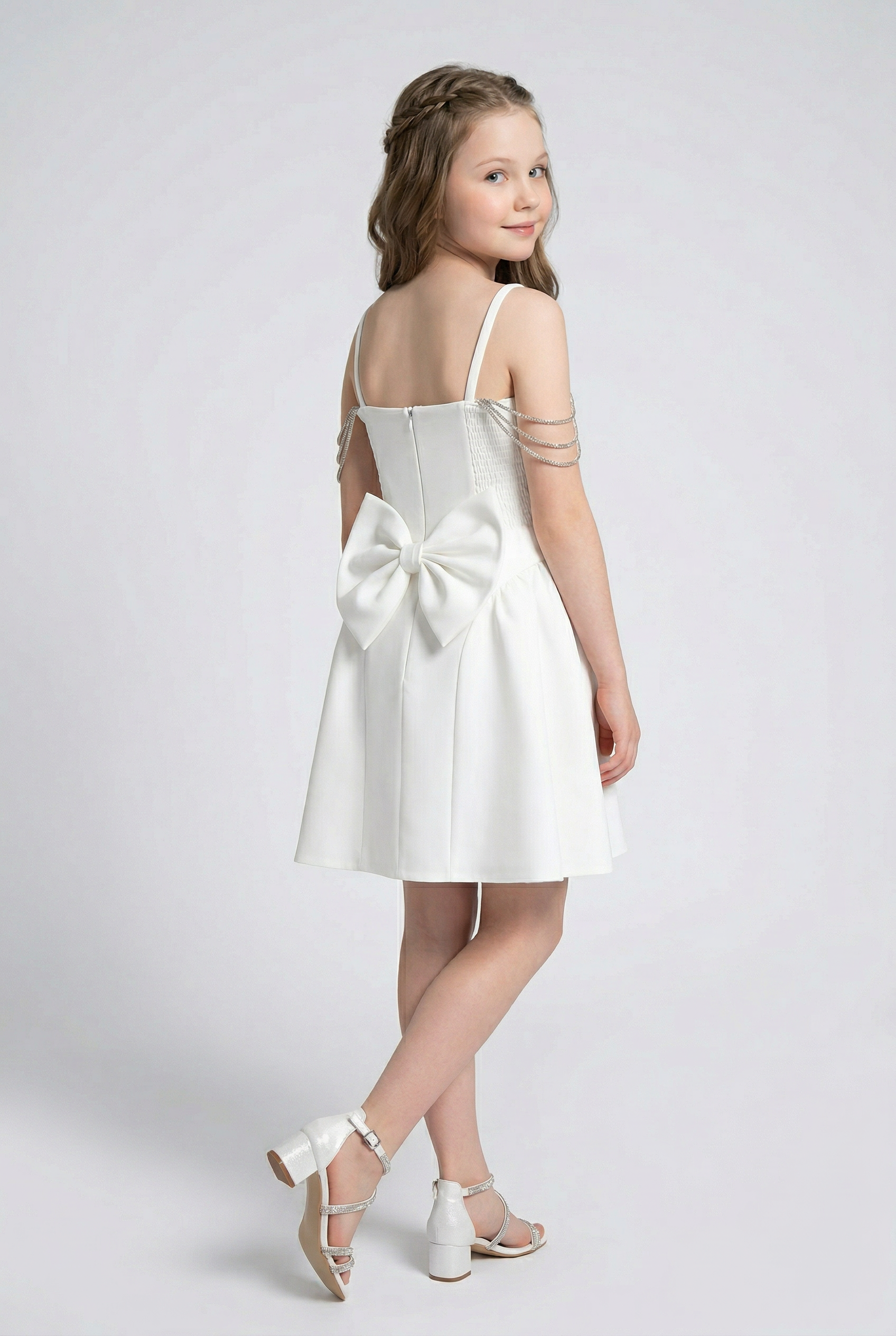 Girls Short Occasion Dress with Crystal Off-Shoulder Straps - White