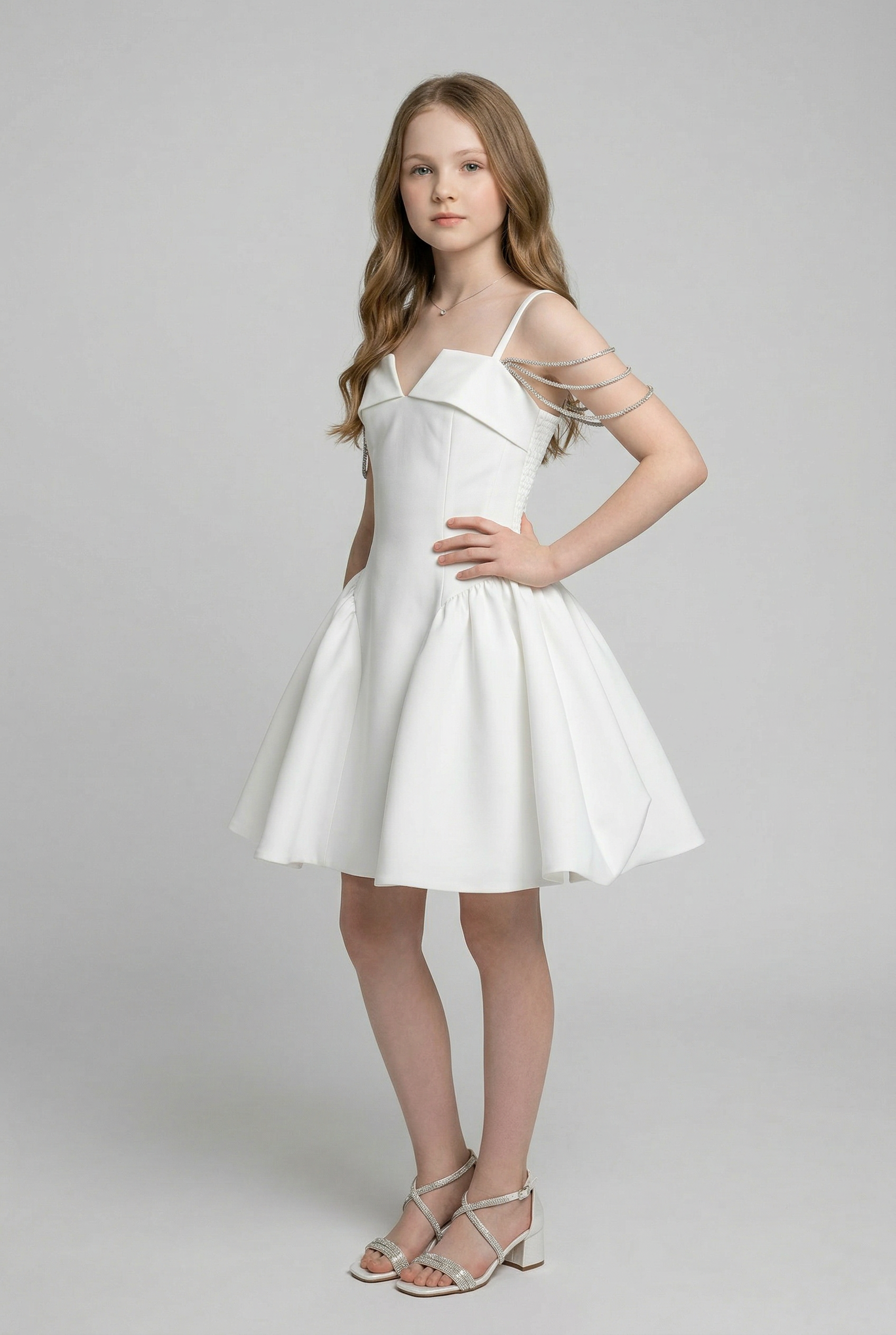 Girls Short Occasion Dress with Crystal Off-Shoulder Straps - White