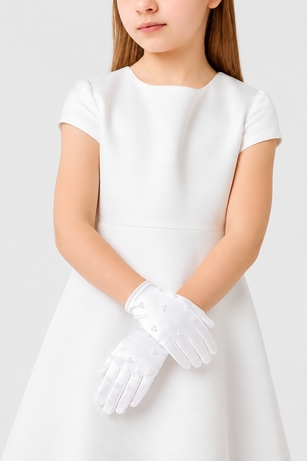 Girls Short Satin Pearl Embellished Formal Gloves - White