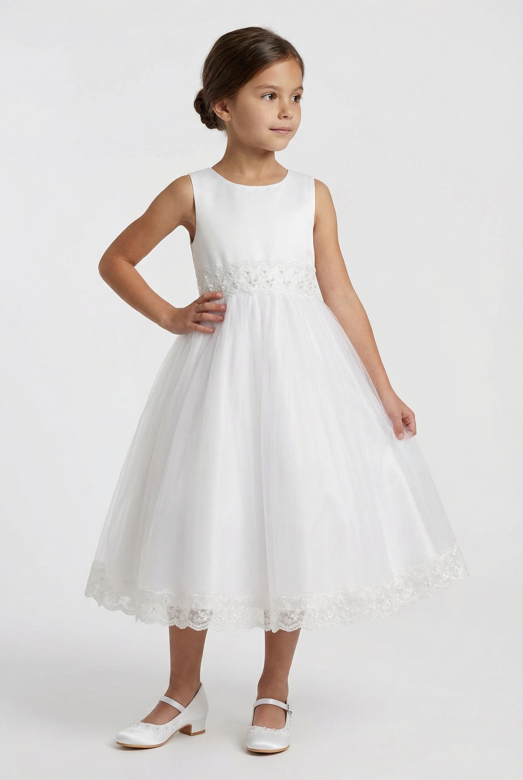 Girls Sleeveless Communion Dress with Lace Hem - Grace - White Front Picture