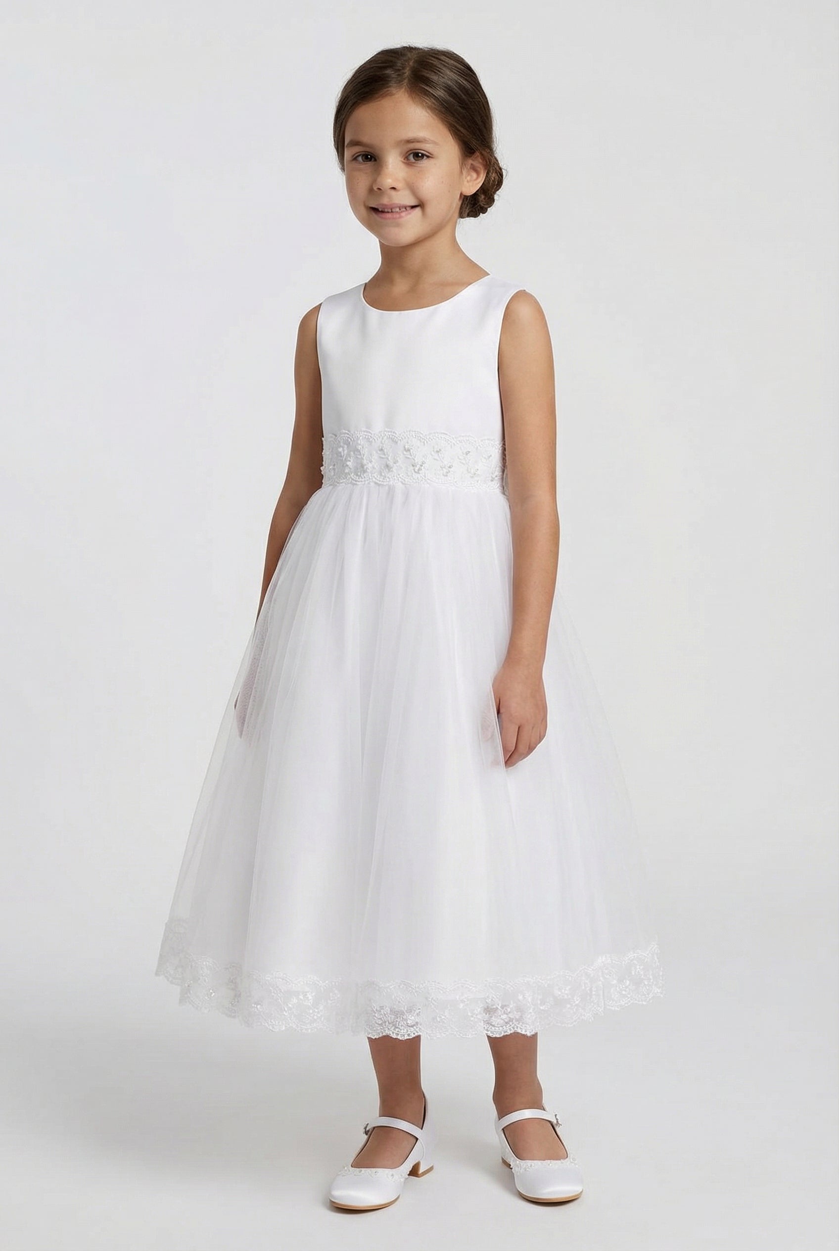 Girls Sleeveless Communion Dress with Lace Hem - Grace - White Model Picture 