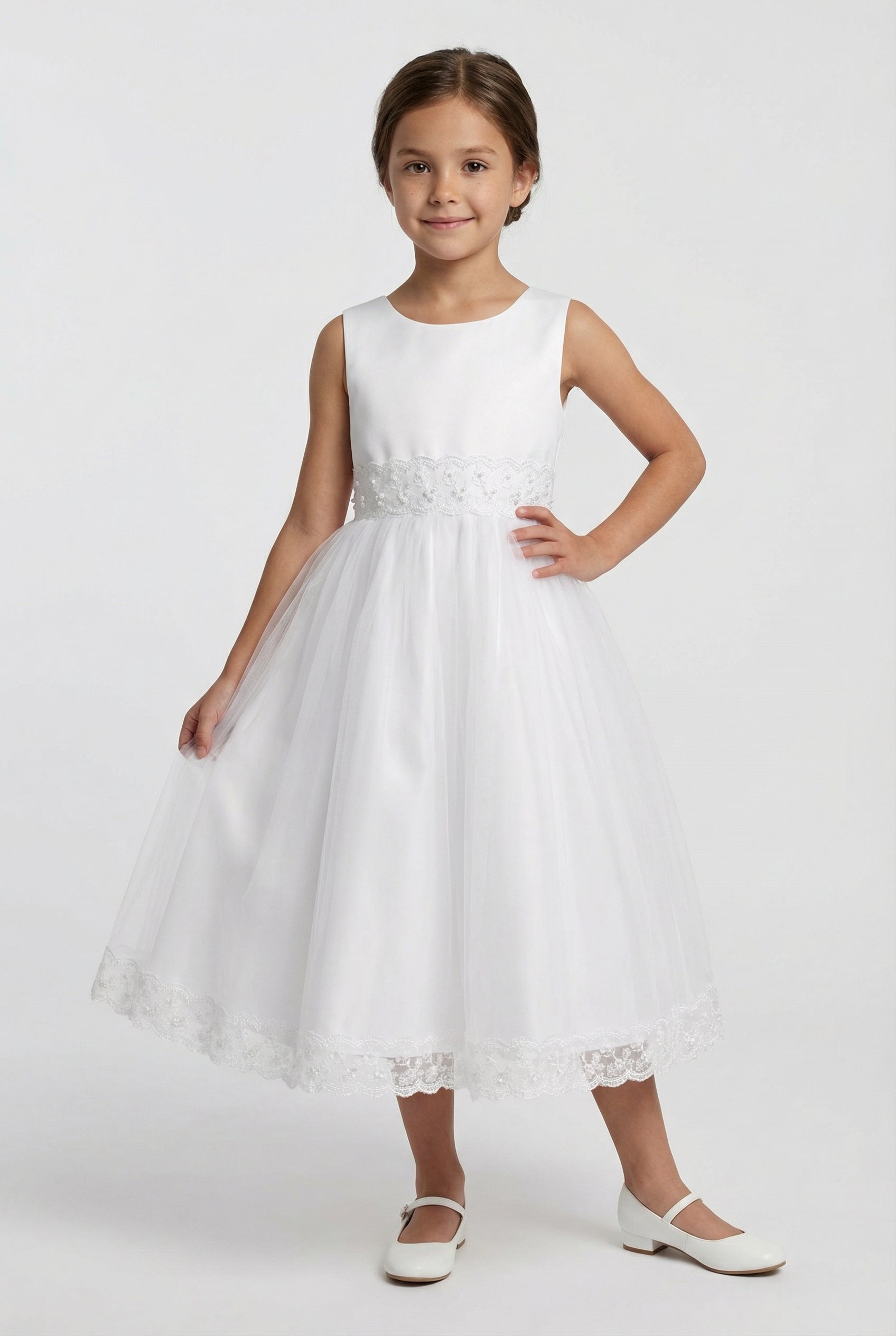 Girls Sleeveless Communion Dress with Lace Hem - Grace - White