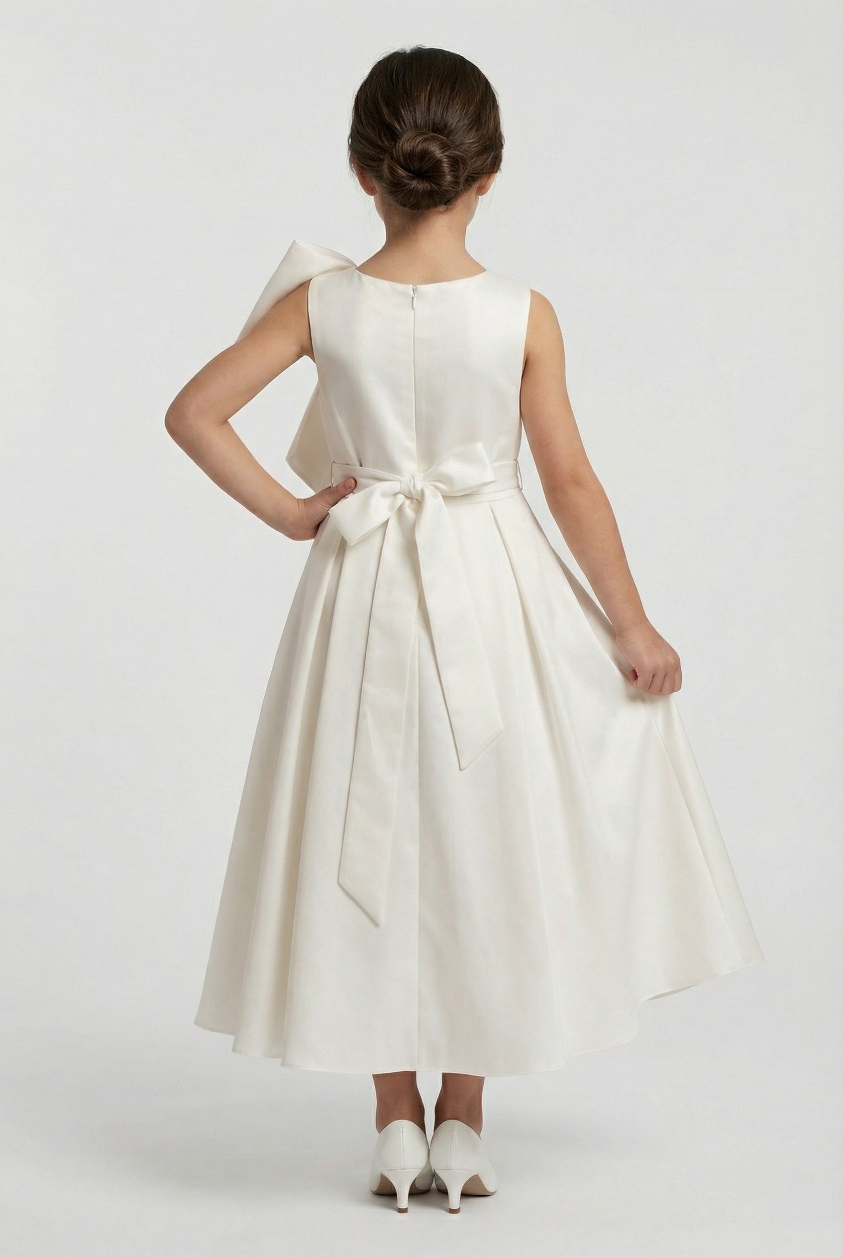 Girls Sleeveless Dress with Satin Bow Shoulder - Saffa - Ivory Back picture