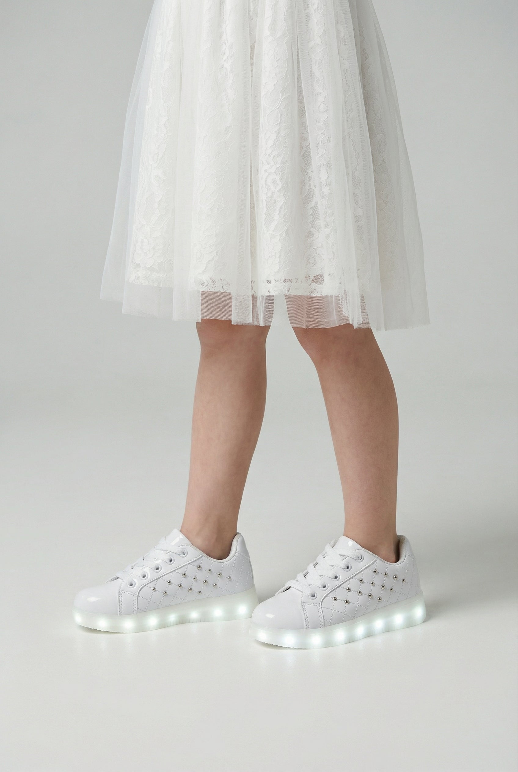 Girls Studded Light Up Trainers - White Model Picture