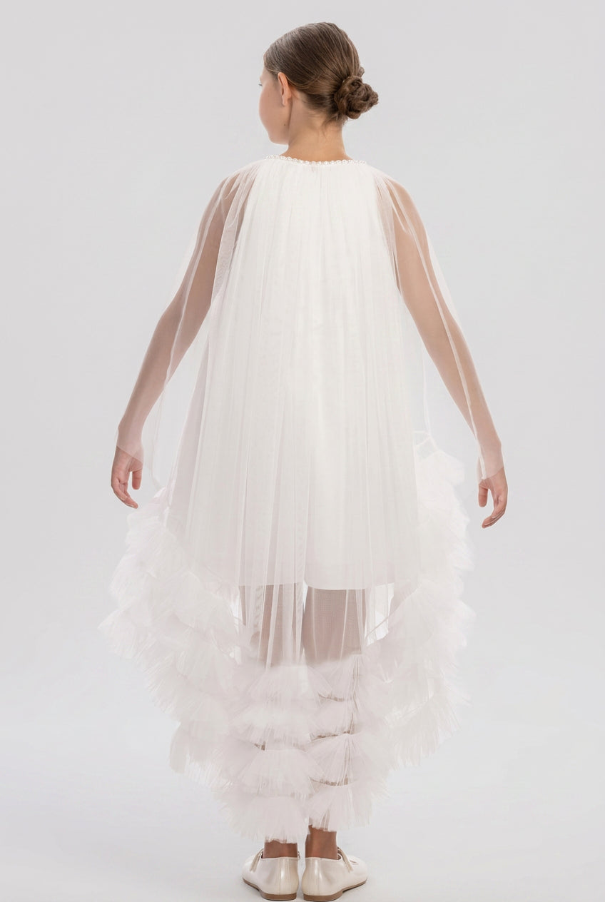 Girls Tulle Dress with Detachable Ruffled Cape Set - White Back Picture