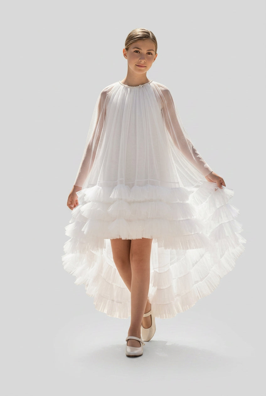 Girls Tulle Dress with Detachable Ruffled Cape Set - White