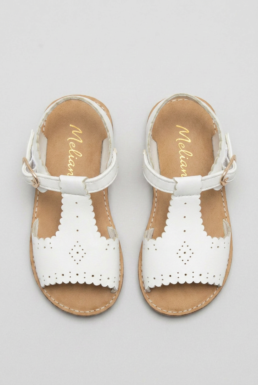 Girls White Leather T-Bar Sandals – Scalloped Spanish-Style Summer Sandals