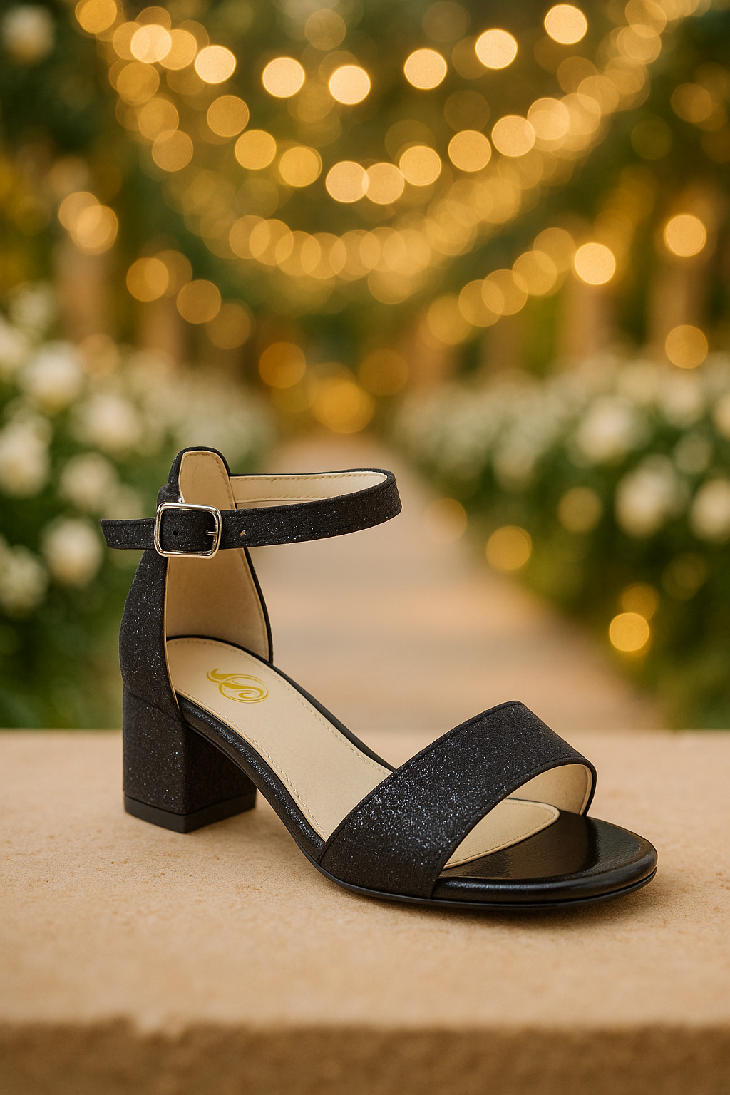 Girls Ankle-Strap Block Heel Sandals - SPARKLE - Black