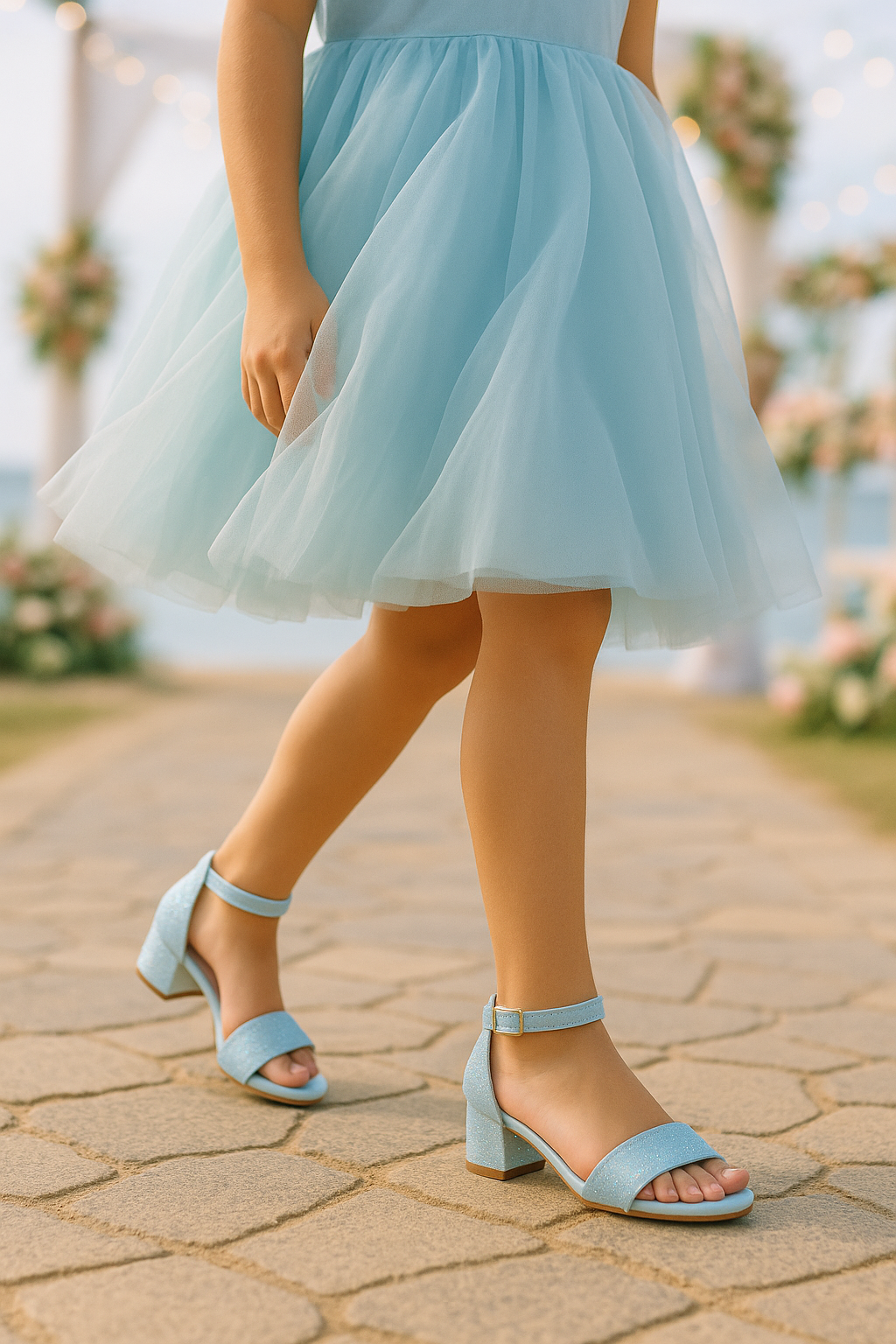 Girls Ankle-Strap Block Heel Sandals - SPARKLE - Blue