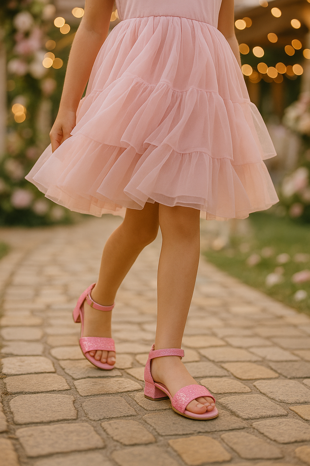 Girls Ankle-Strap Block Heel Sandals - SPARKLE - Cherry Pink Model Picture