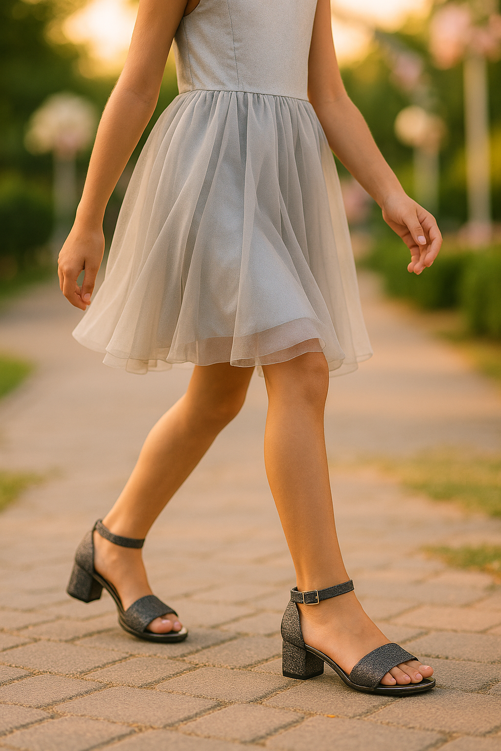 Girls Ankle-Strap Block Heel Sandals - SPARKLE - Dark Silver Model Picture