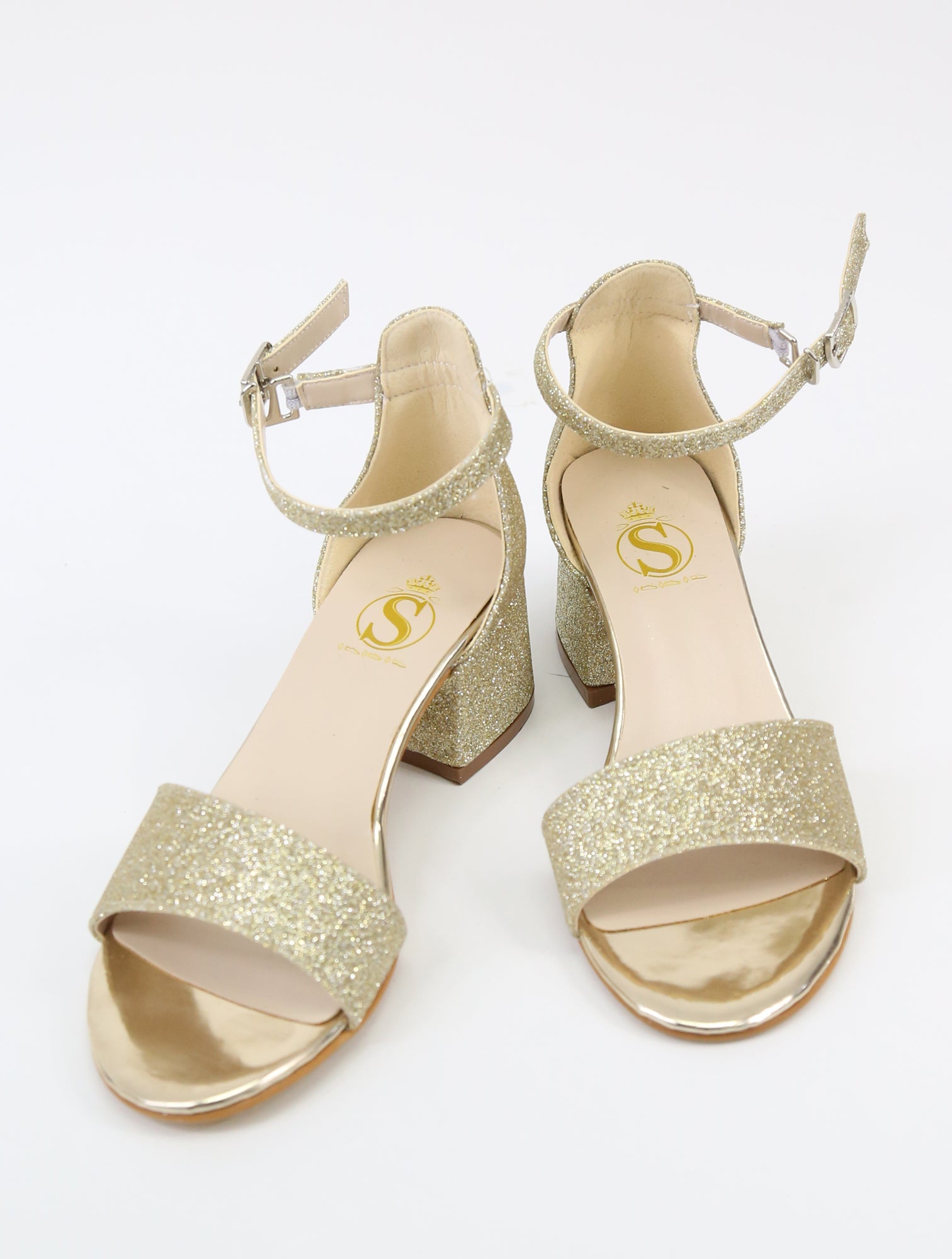 Girls Ankle-Strap Block Heel Sandals - SPARKLE - Gold