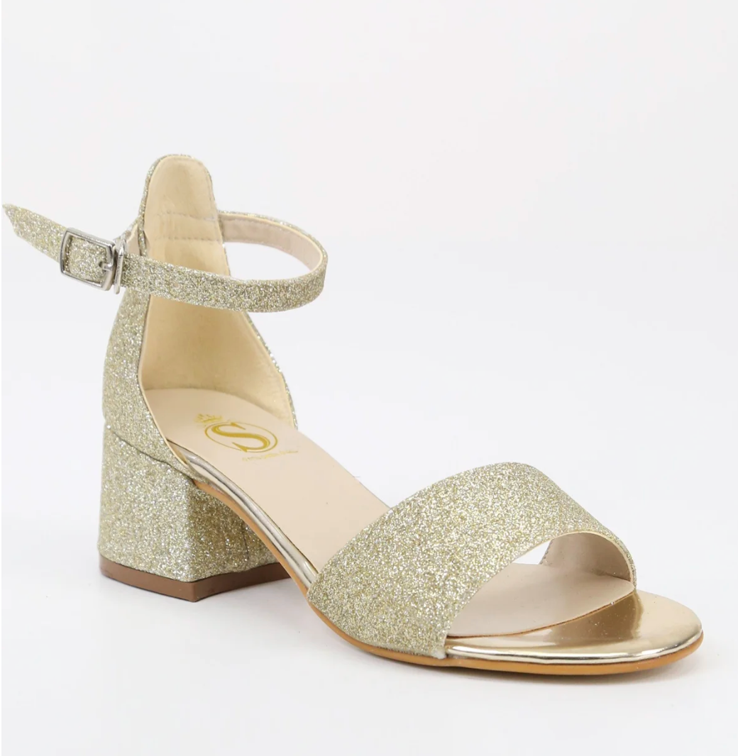 Girls Ankle-Strap Block Heel Sandals - SPARKLE - Gold Side Picture