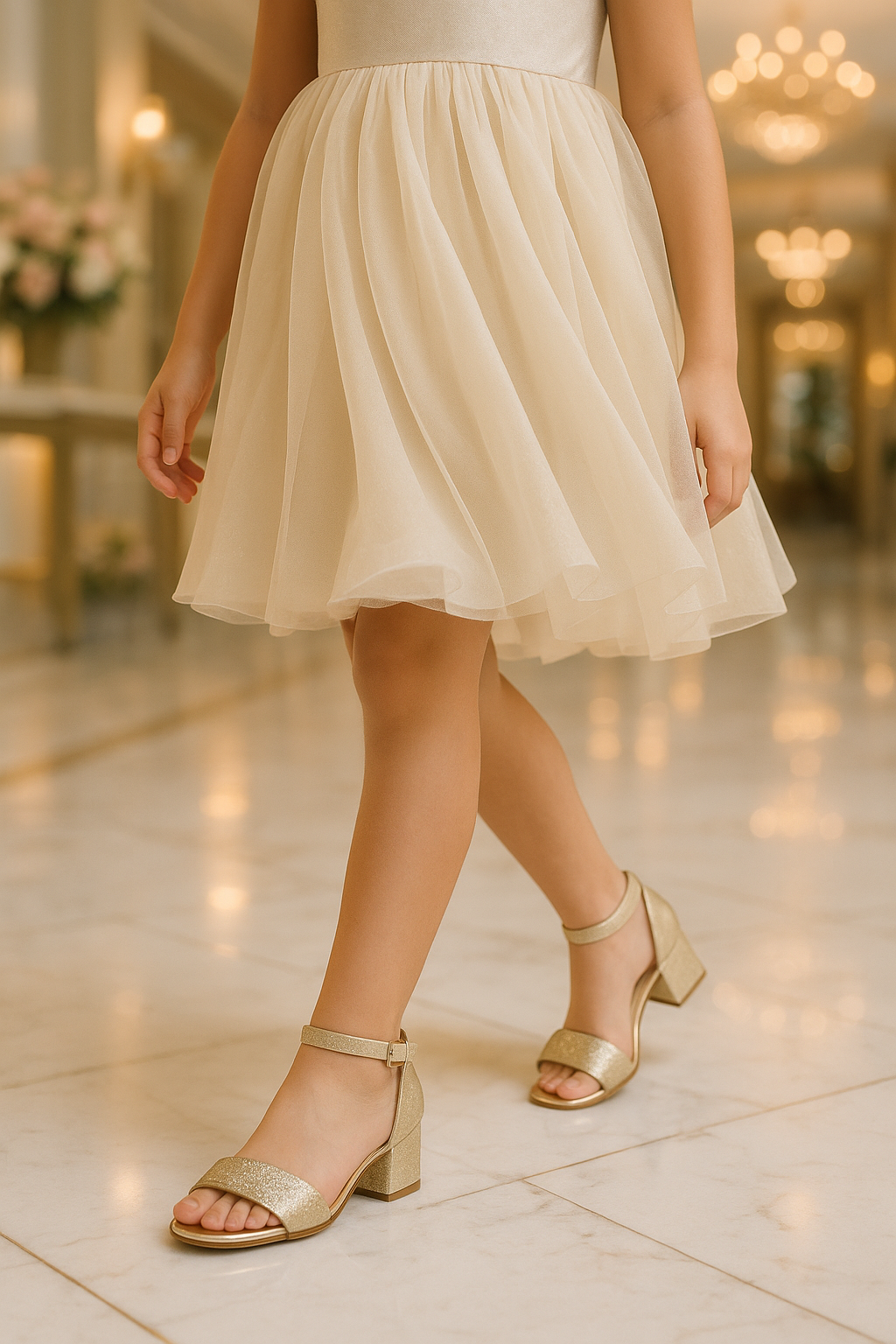 Girls Ankle-Strap Block Heel Sandals - SPARKLE - Gold Model Picture
