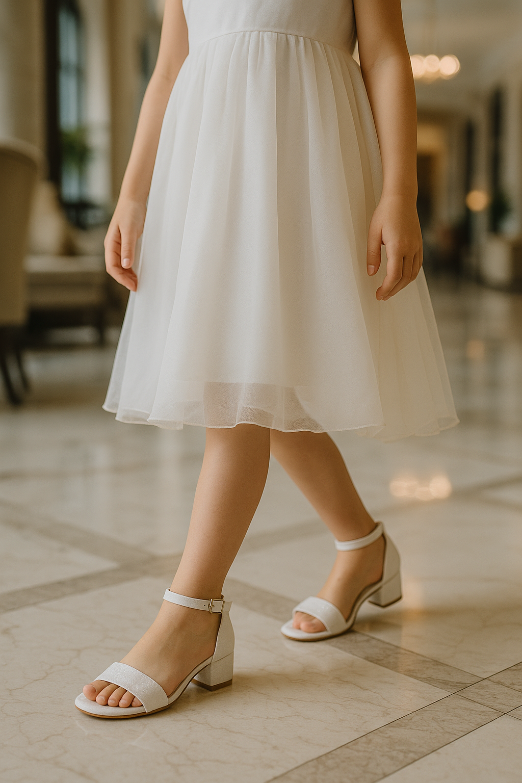 Girls Ankle-Strap Block Heel Sandals - SPARKLE - Pearl Ivory Model Picture