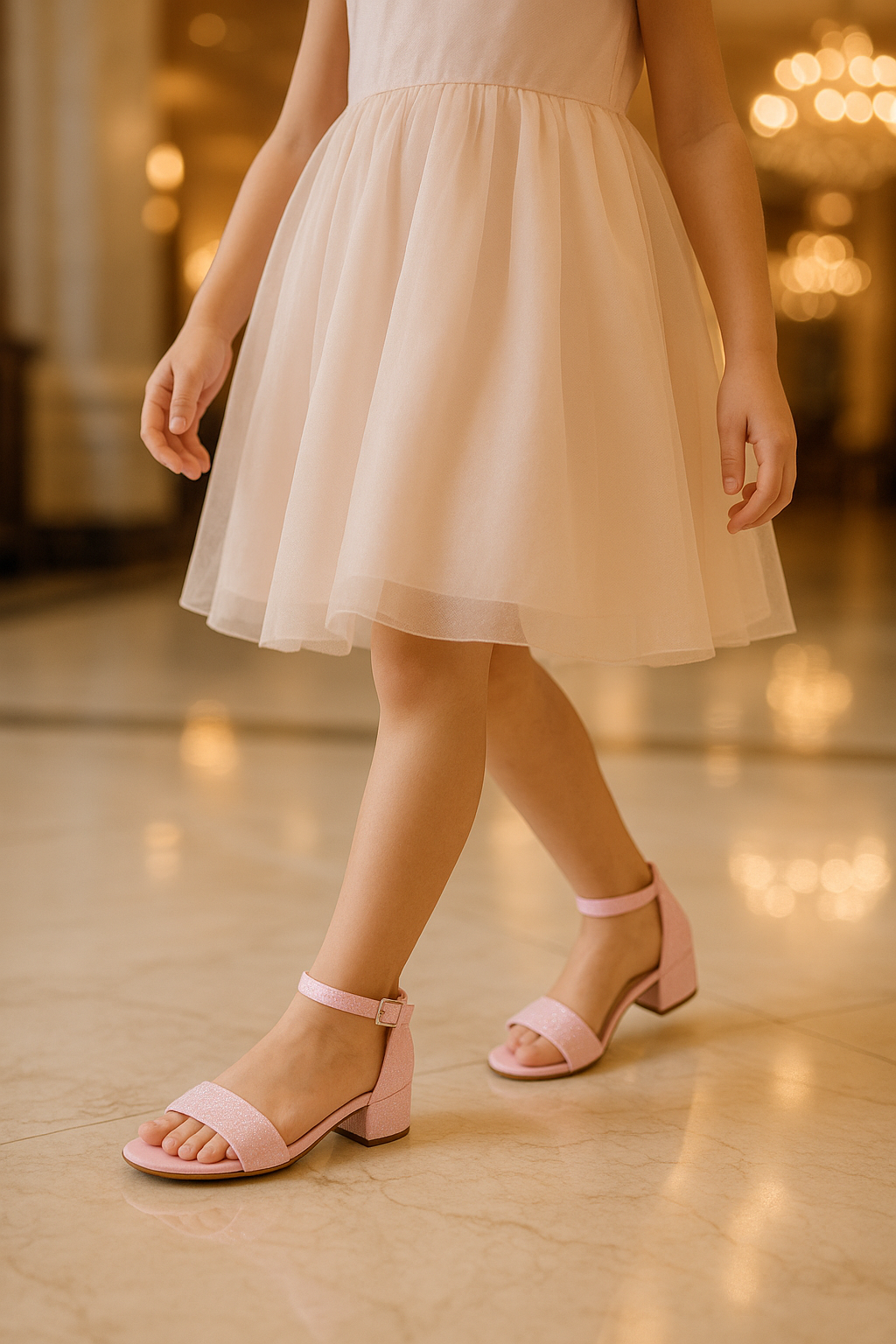 Girls Ankle-Strap Block Heel Sandals - SPARKLE - Pink Model Picture