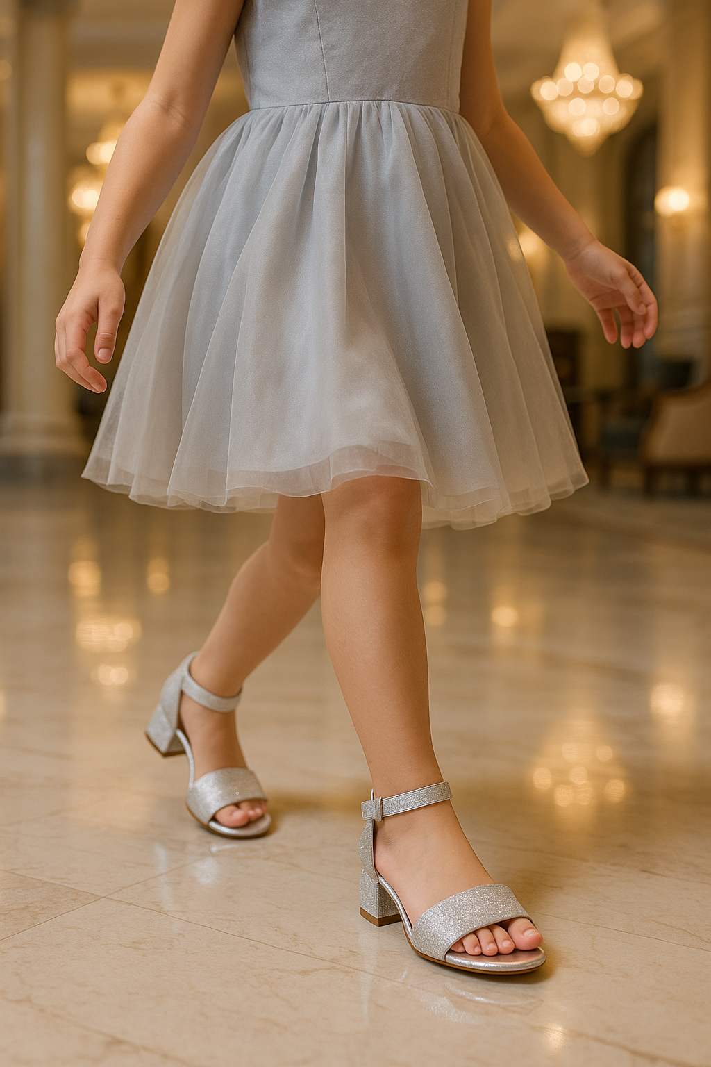 Girls Ankle-Strap Block Heel Sandals - SPARKLE - Silver Model Picture