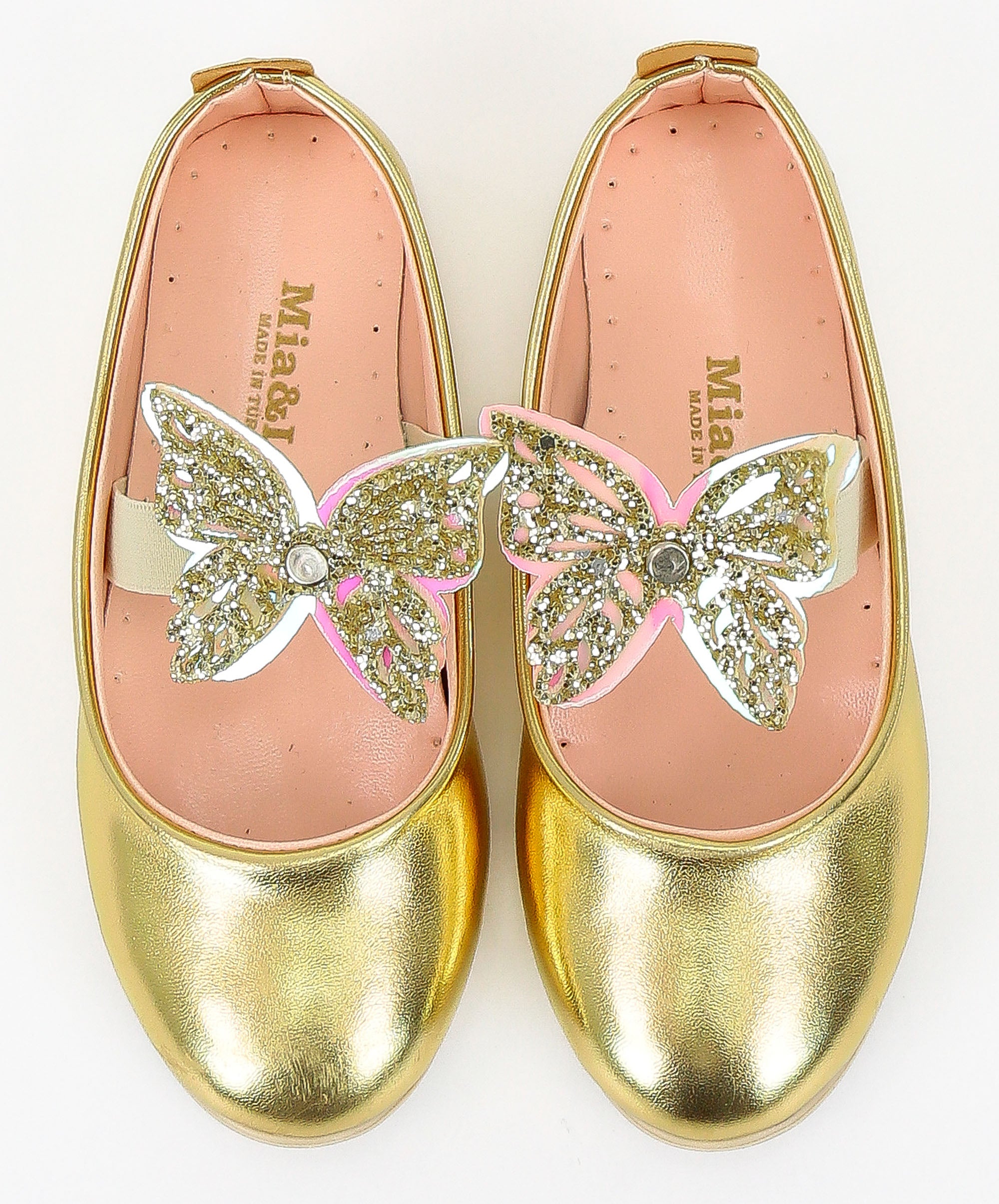Girls Ballerina Butterfly Strap Flat Dress Shoes - Gold
