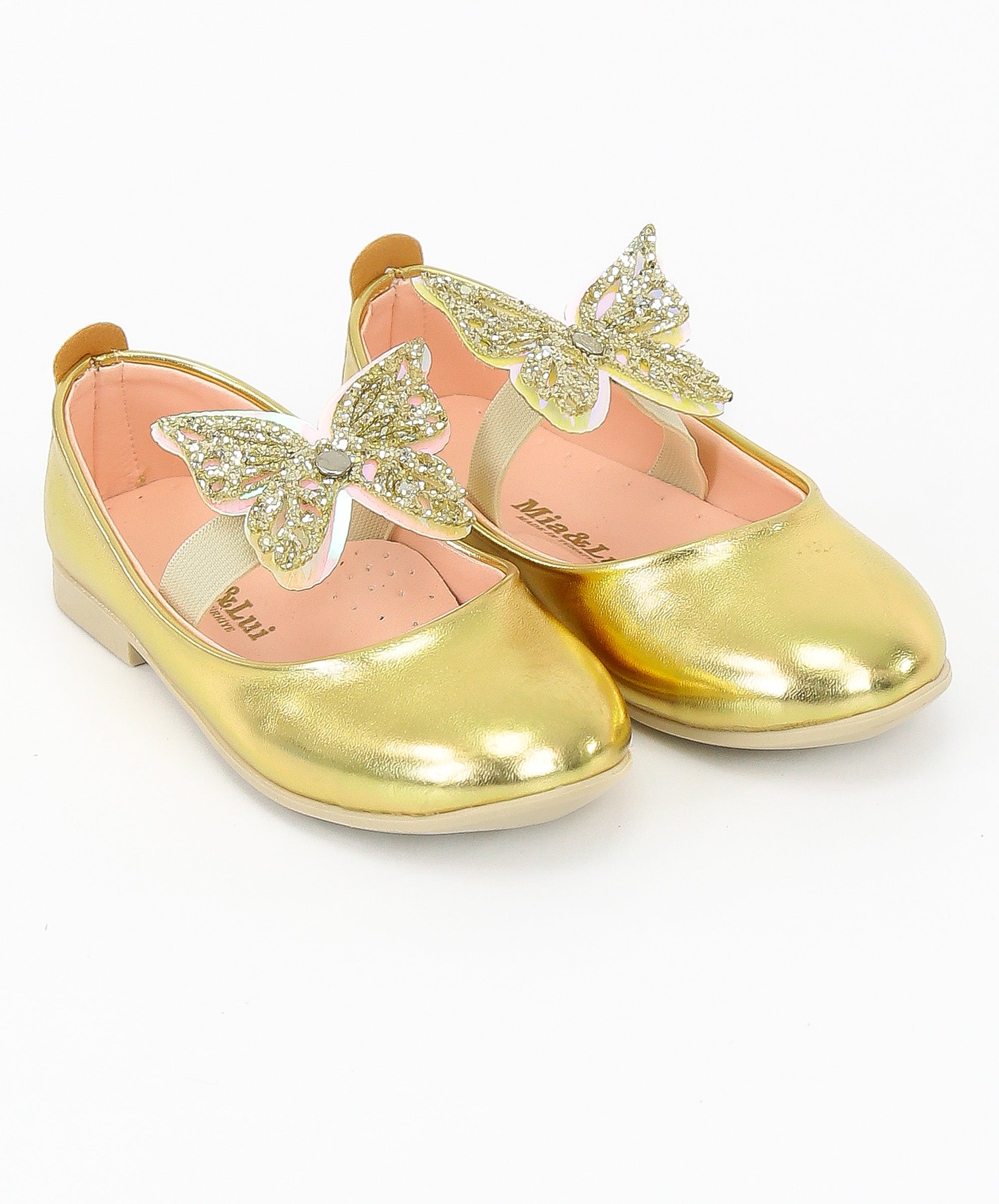 Girls Ballerina Butterfly Strap Flat Dress Shoes - Gold