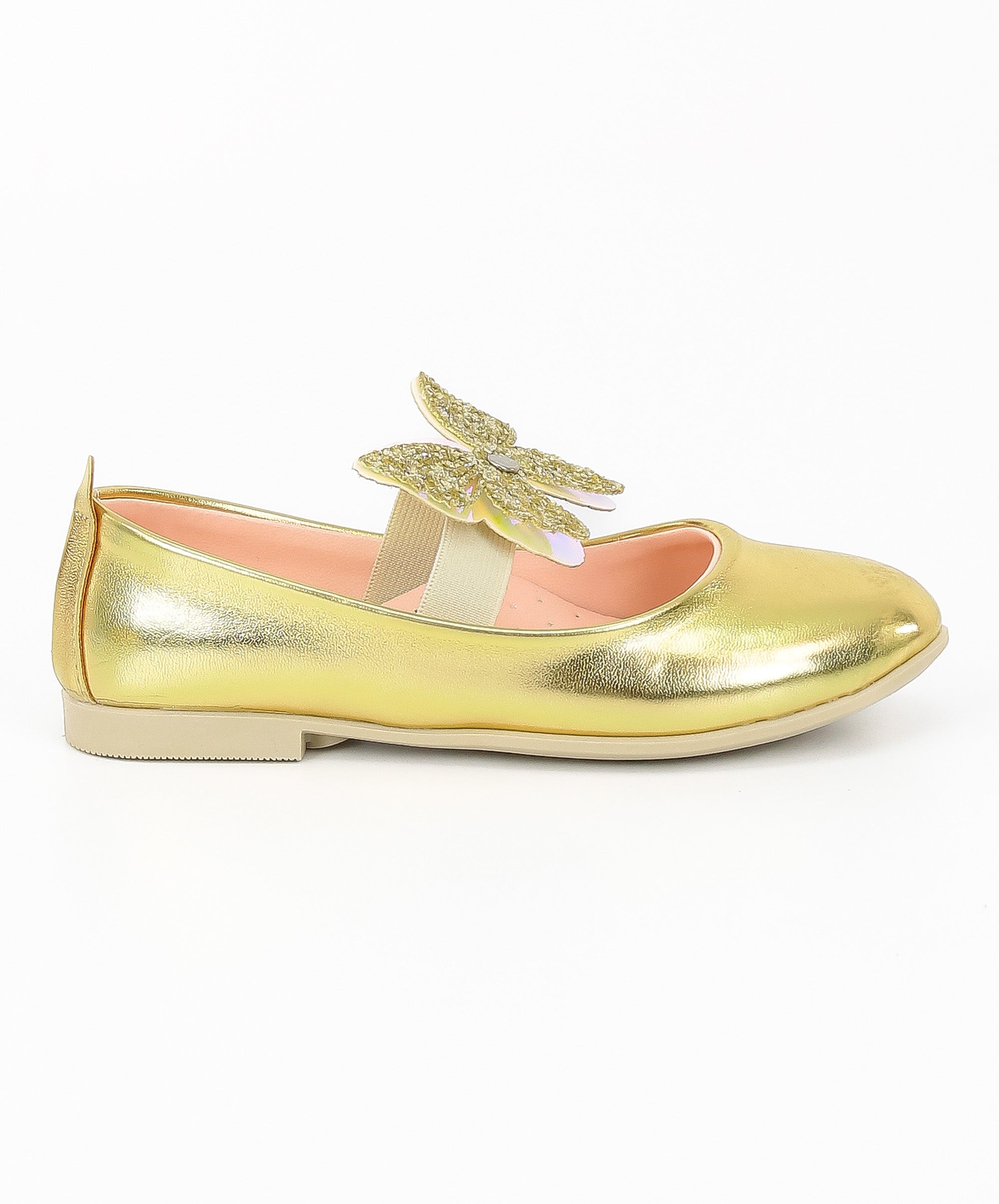 Girls Ballerina Butterfly Strap Flat Dress Shoes - Gold