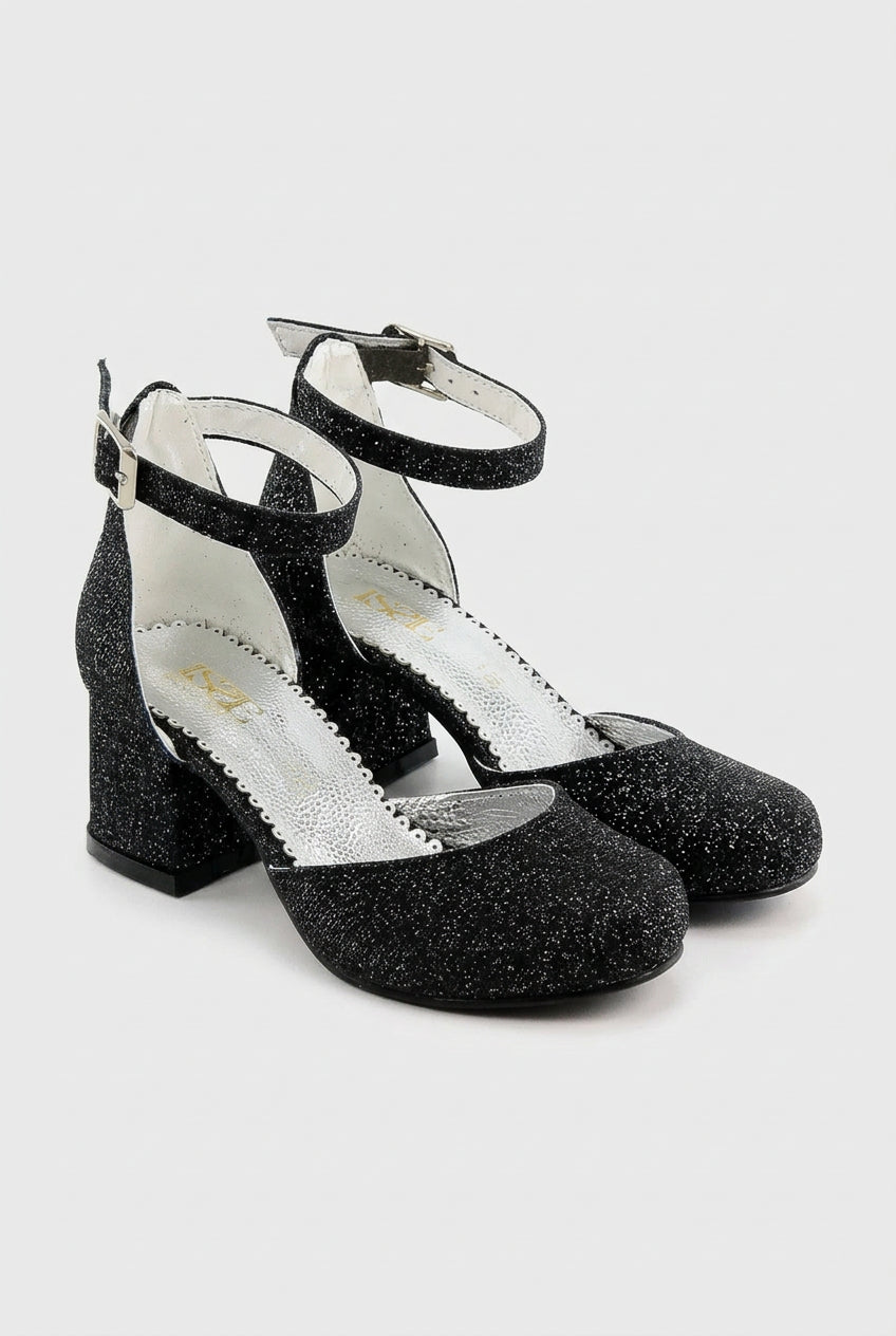Girls Block Heel Glittery Mary Jane Shoes - OMBRA - Black