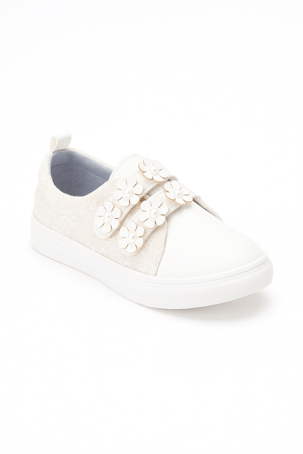 Girls' Cream Pearl Flower Velcro Sneakers - FINLEY - Cream - Ivory Side Picture