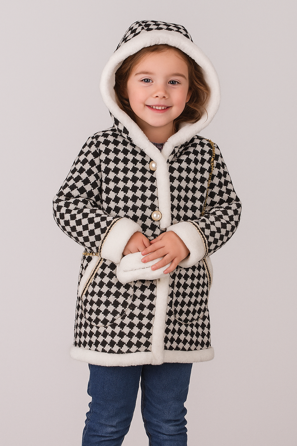 Girls' Cream & Black Hooded Houndstooth Coat & Handbag - Cream and Black