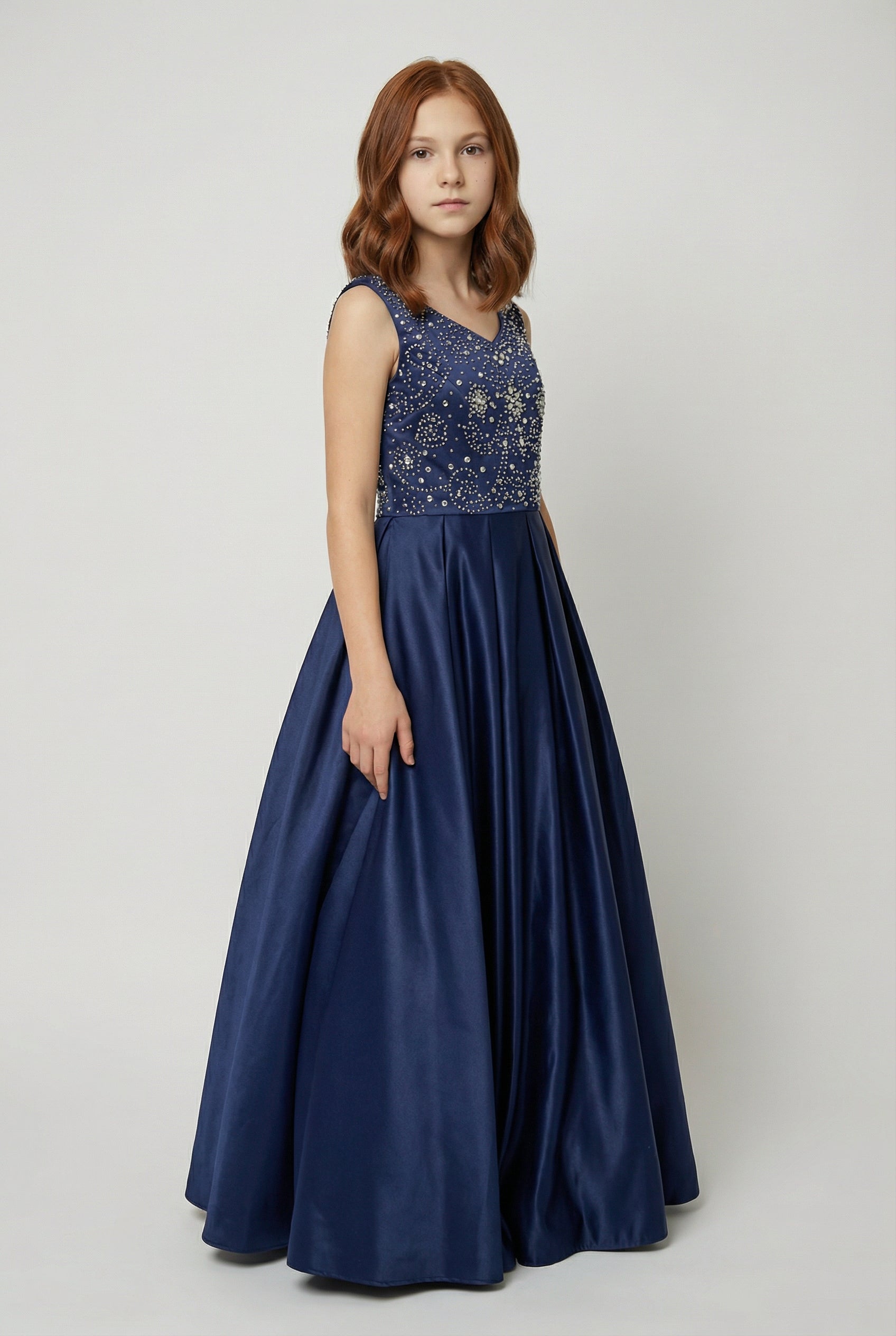 Girls Crystal Satin Navy Ball Gown Dress – EDEN - Navy