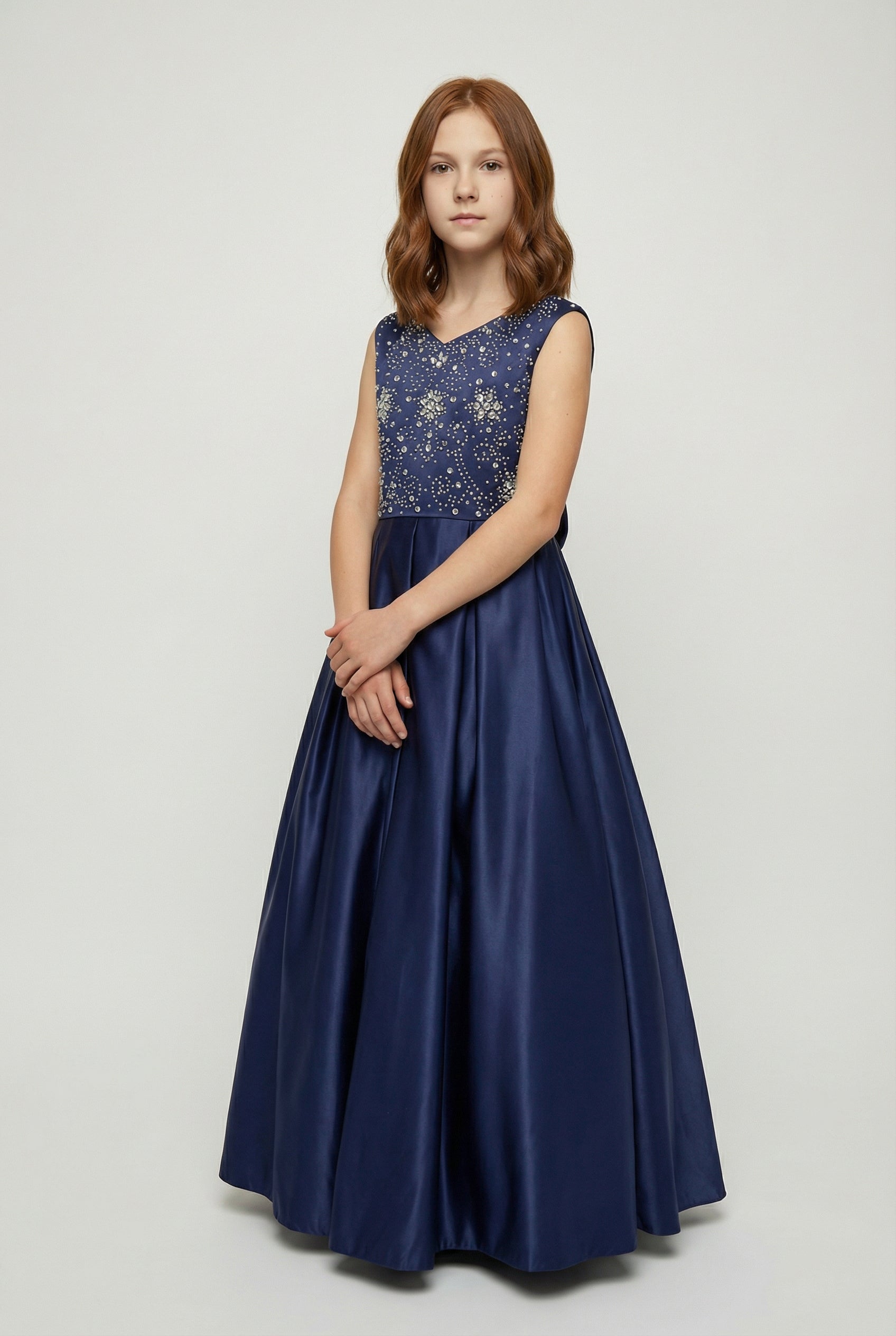 Girls Crystal Satin Navy Ball Gown Dress – EDEN - Navy
