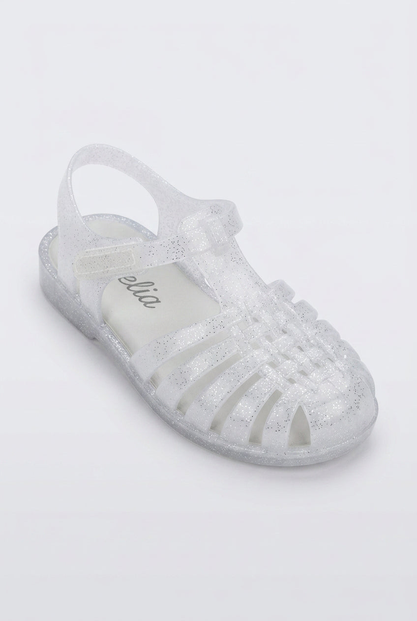 Girls' Glitter Jelly Sandals – White Sparkle T-Bar Summer Shoes