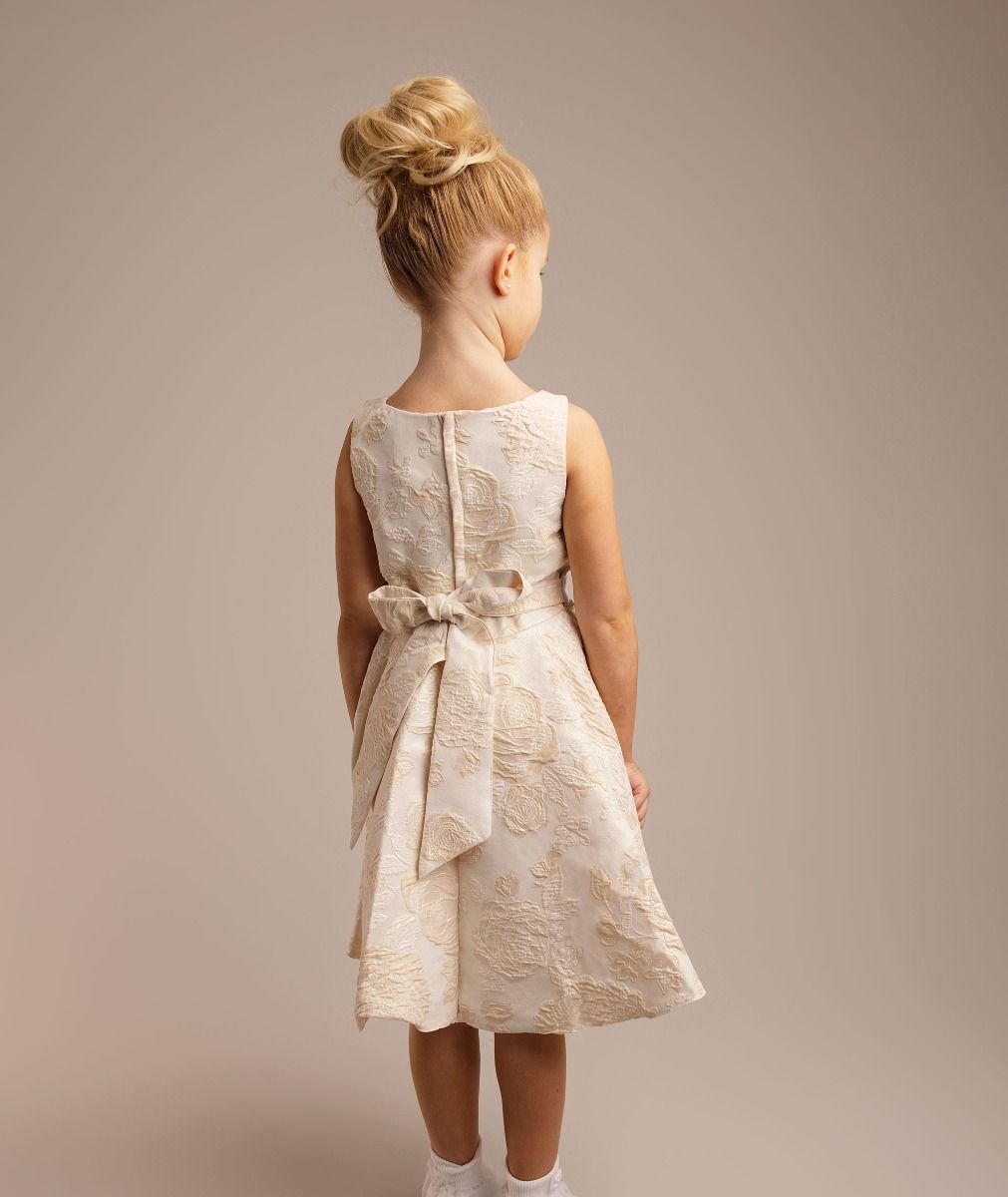Girls’ Gold Floral Brocade Dress with Sash Bow - Esha Model Back Picture