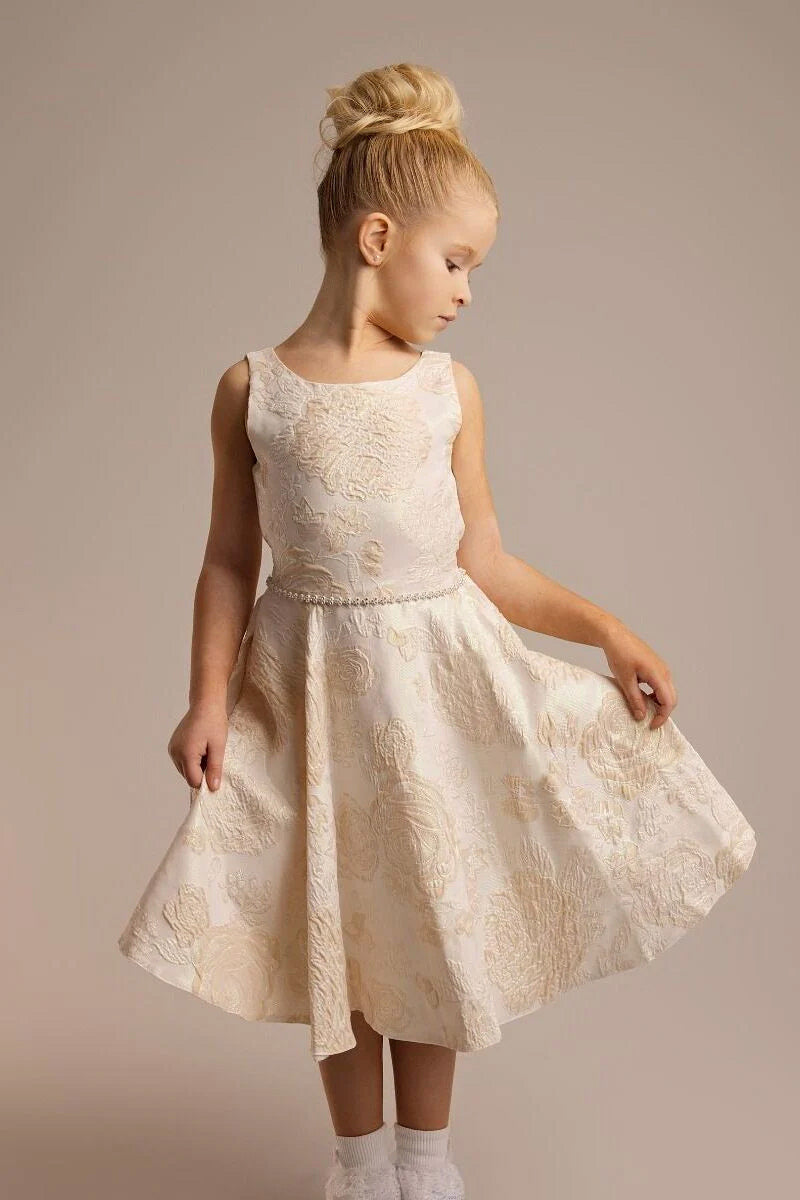 Girls’ Gold Floral Brocade Dress with Sash Bow
