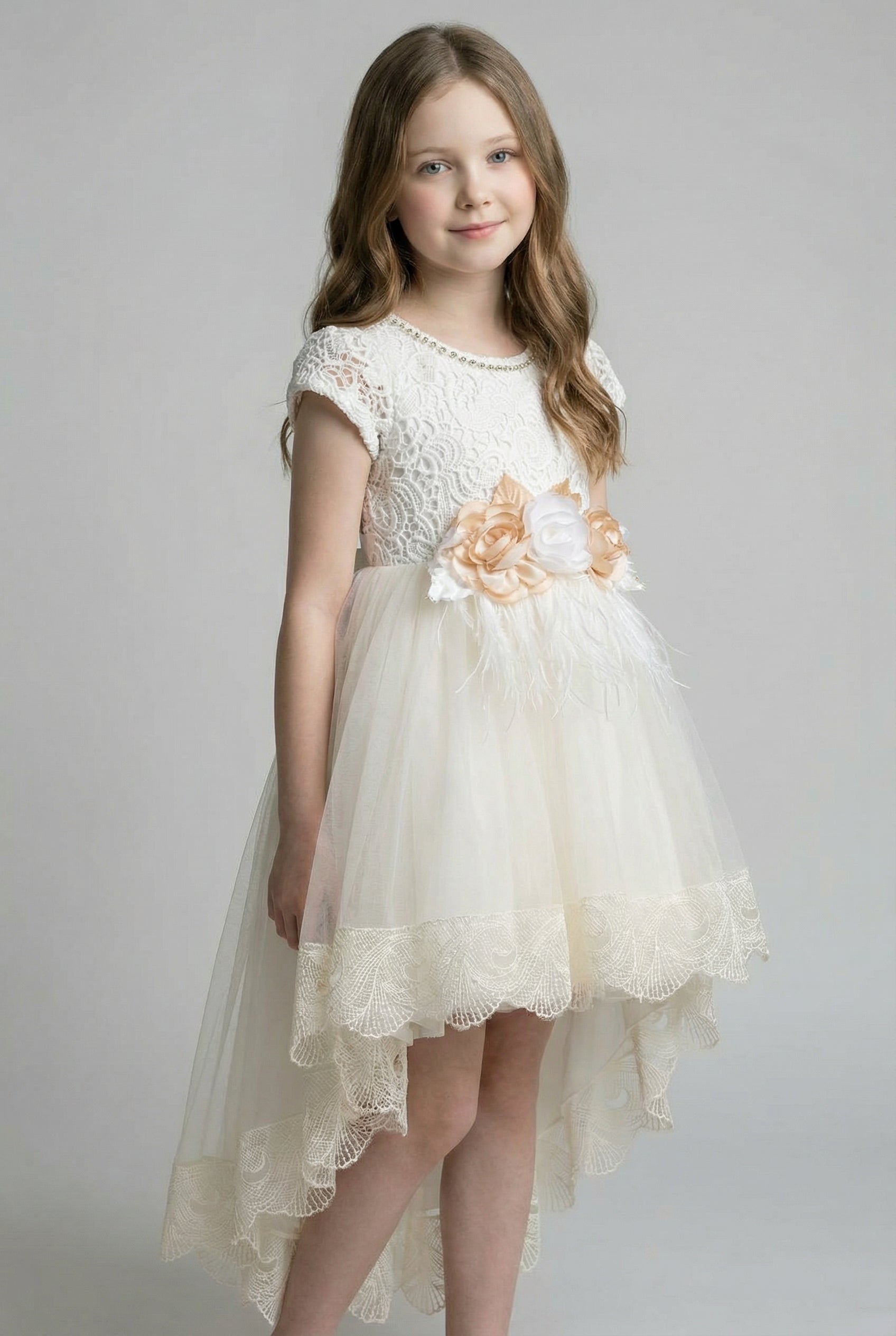 Girls Ivory Lace High-Low Tulle Dress